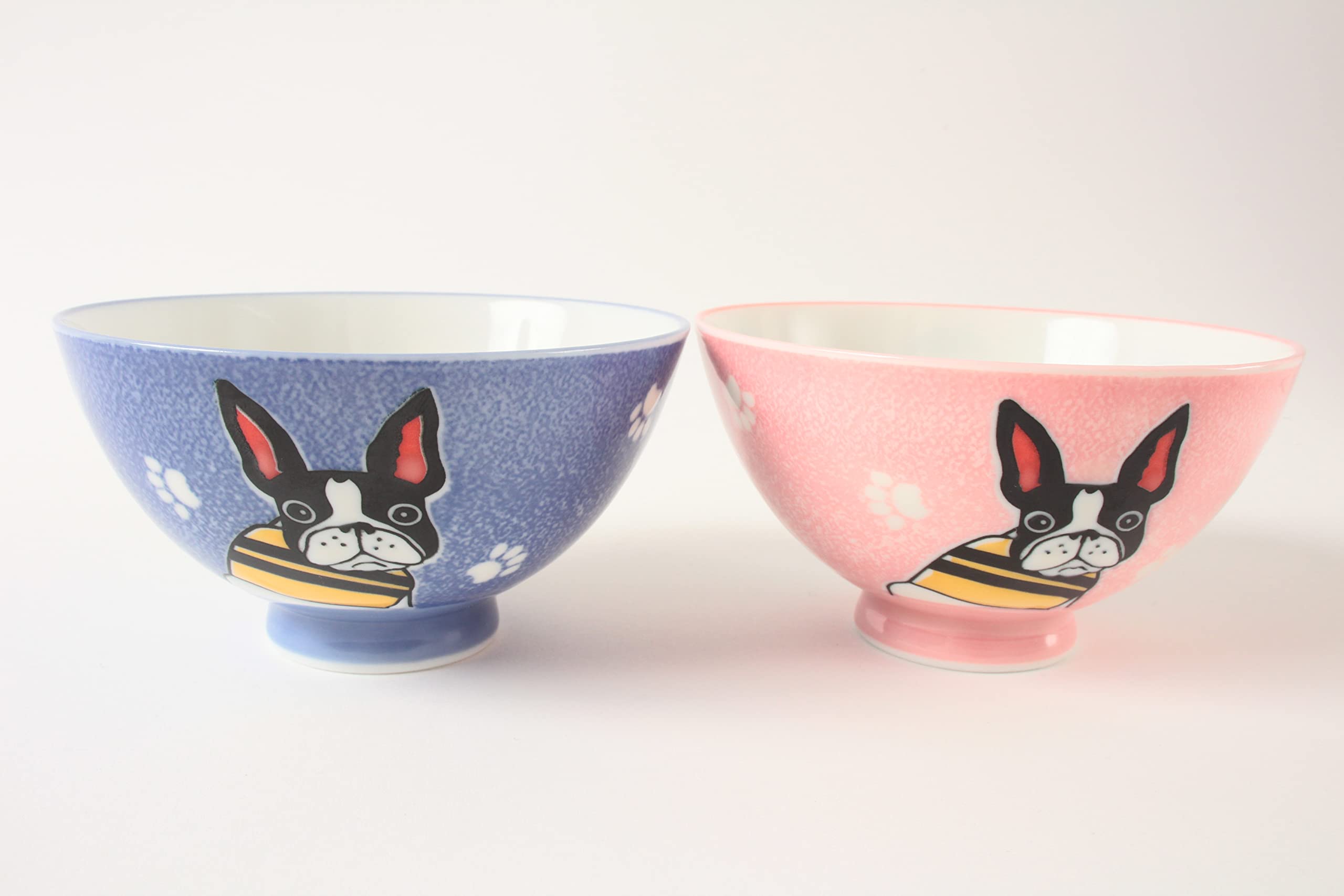 Mino ware MIG007 - Cuenco de arroz de cerámica japonesa, diseño de bulldog francés, color azul y rosa, fabricado en Japón (importado de Japón)