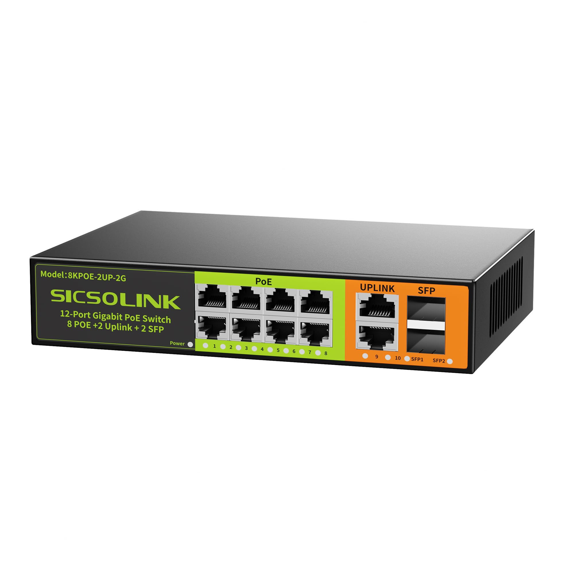 Switch Gigabit PoE+ a 8 porte con 2 porte Uplink e 2 SFP, switch di rete non gestito Ethernet PoE da 1000 Mbps, 120 W, Plug & Play, adatto per telecamera di sorveglianza Access Point-AP e PoE