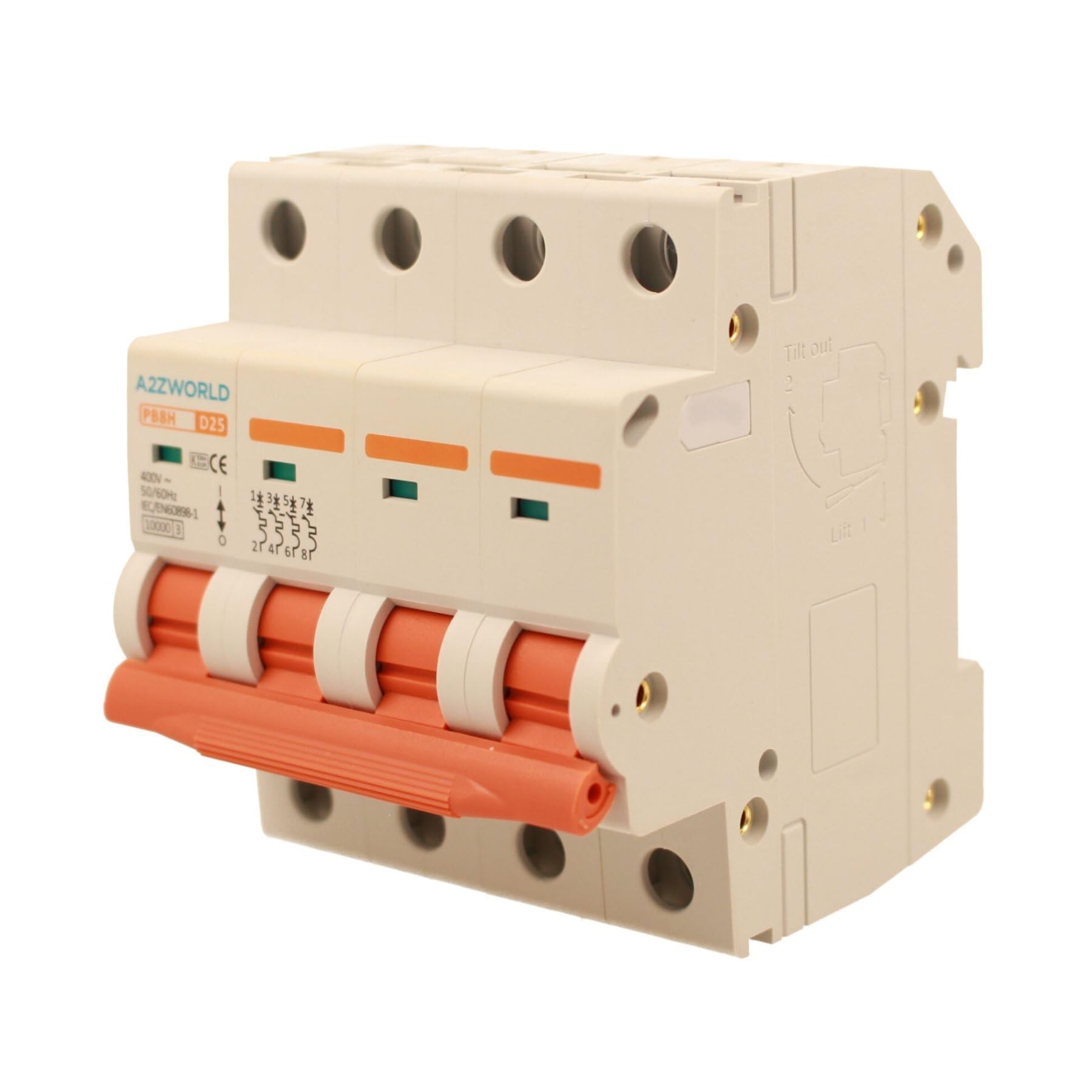 Interrupteur magnétothermique triphasé 4P 25A D25, courbe D 10 kA, 4 modules DIN 380 V AC, certifié IEC60898-1, série PB8H professionnelle