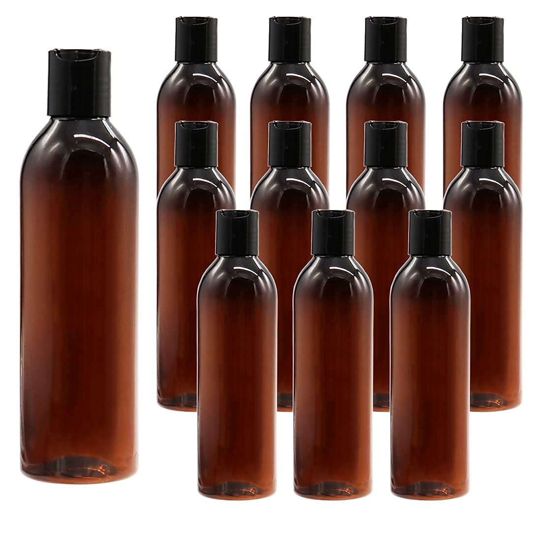 Hunky Dory 12pcs 100ml Amber Empty Clear Plastic Bottles Refillable Travel Size Cosmetic Travelling Containers Small Leak Proof Squeeze Bottles with Black Flip Cap for Toiletries,Shampoo. (Pack of 12)