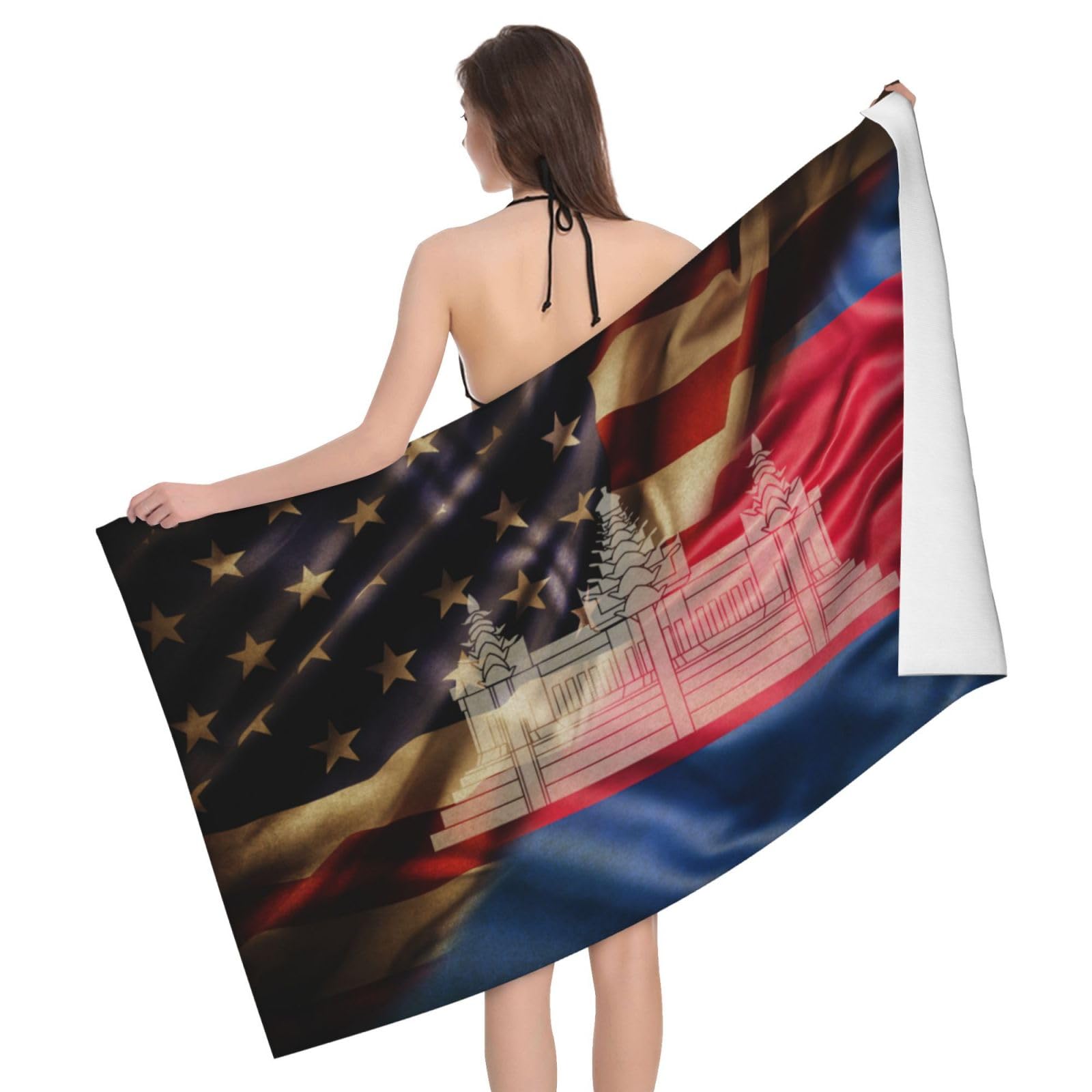 HLBSDM Microfiber Combined Cambodia and USA Flag Beach Towel Quick Dry Soft Sand Free Beach Towels for Pool Swim Beach Lightweight Thin Towels