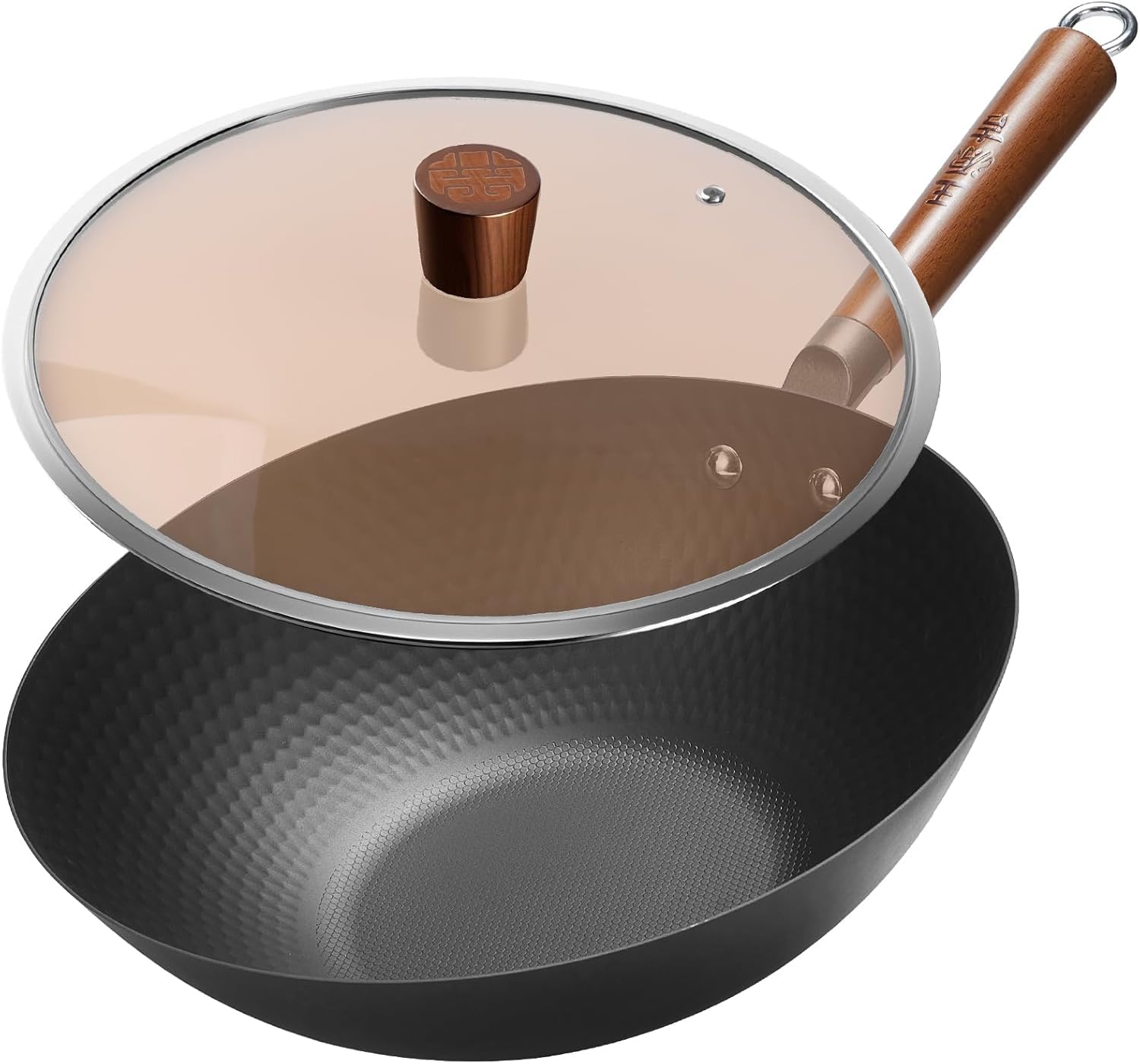 WANGYUANJI Lightweight Carbon Steel Wok Pan with Lid, 12.6" Flat Bottom Stir Fry Wok for Induction, Electric &amp; Gas Stoves, 2.9 lb Wok Body, Pre-Seasoned Nitrided Wok, No Chemical Coating