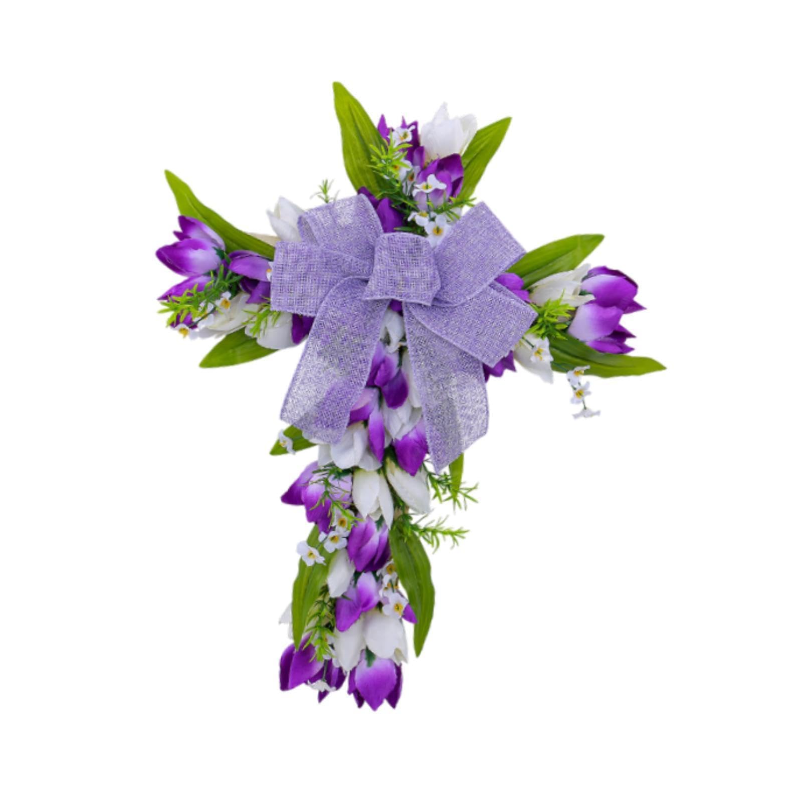 Ghirlanda Pasquale Croce con Fiocco Tessuto Artificiali Foglie Verdi Costruzione in PP E Legno Adatta a Decorazione Casa Tavolo, Fiori bianchi viola