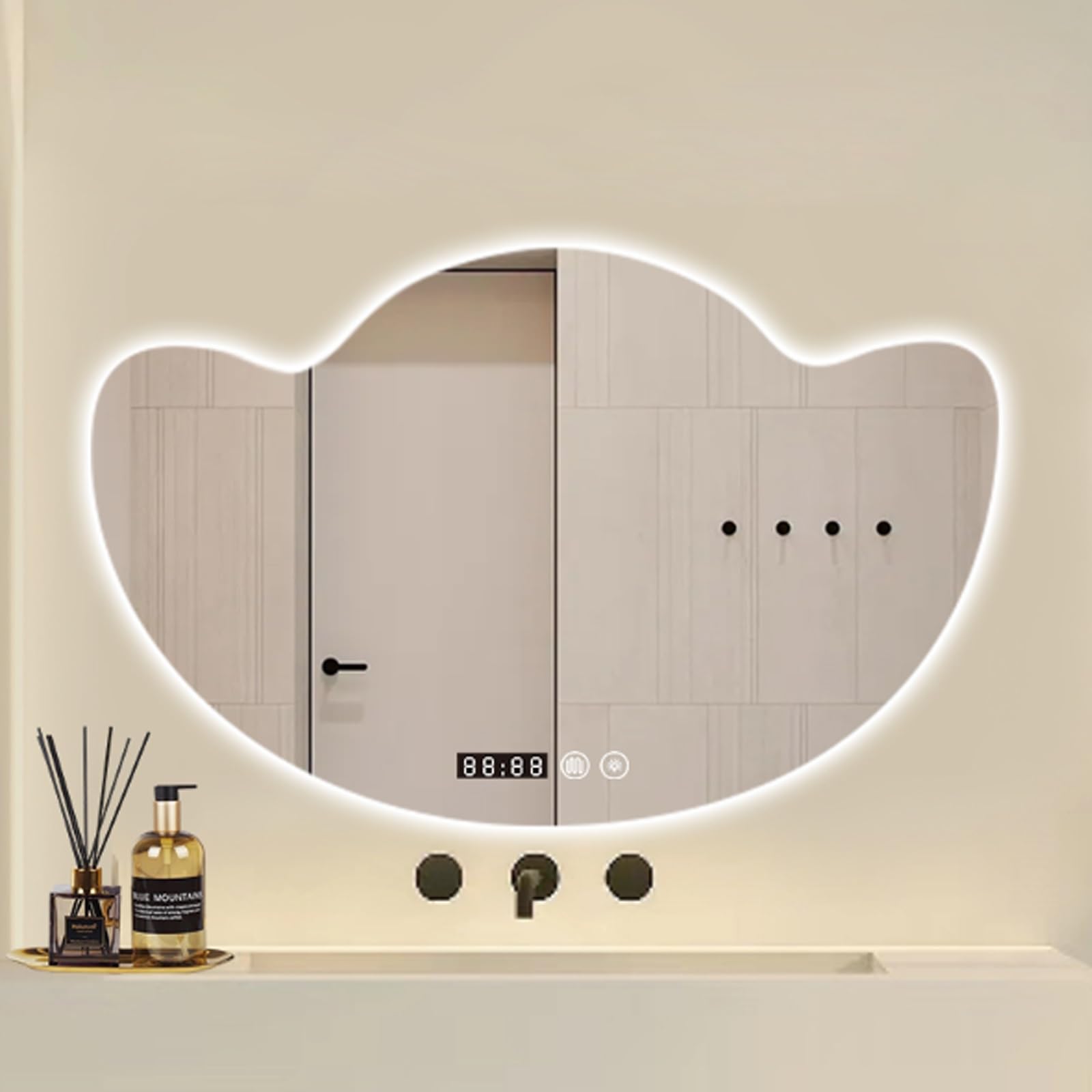 Miroir de salle de bain LED irrégulier réglable 3 couleurs d'ambiance