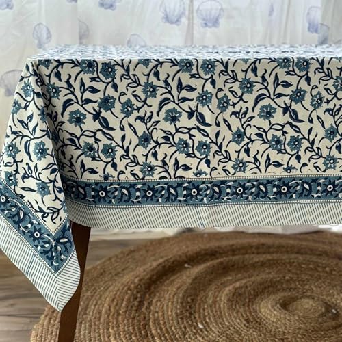 Mantel de algodón estampado a mano con estampado floral azul, mantel hecho a mano, venta del día de San Valentín