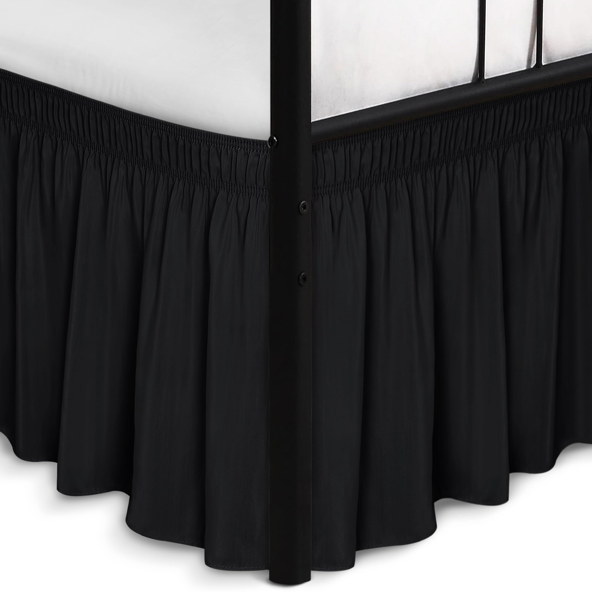 Biscaynebay Wrap Around Bed Skirts with Split Corners for Queen Beds 18" Drop, Black Adjustable Elastic Dust Ruffles Easy Fit Wrinkle Resistant Silky Luxurious Fabric Machine Washable