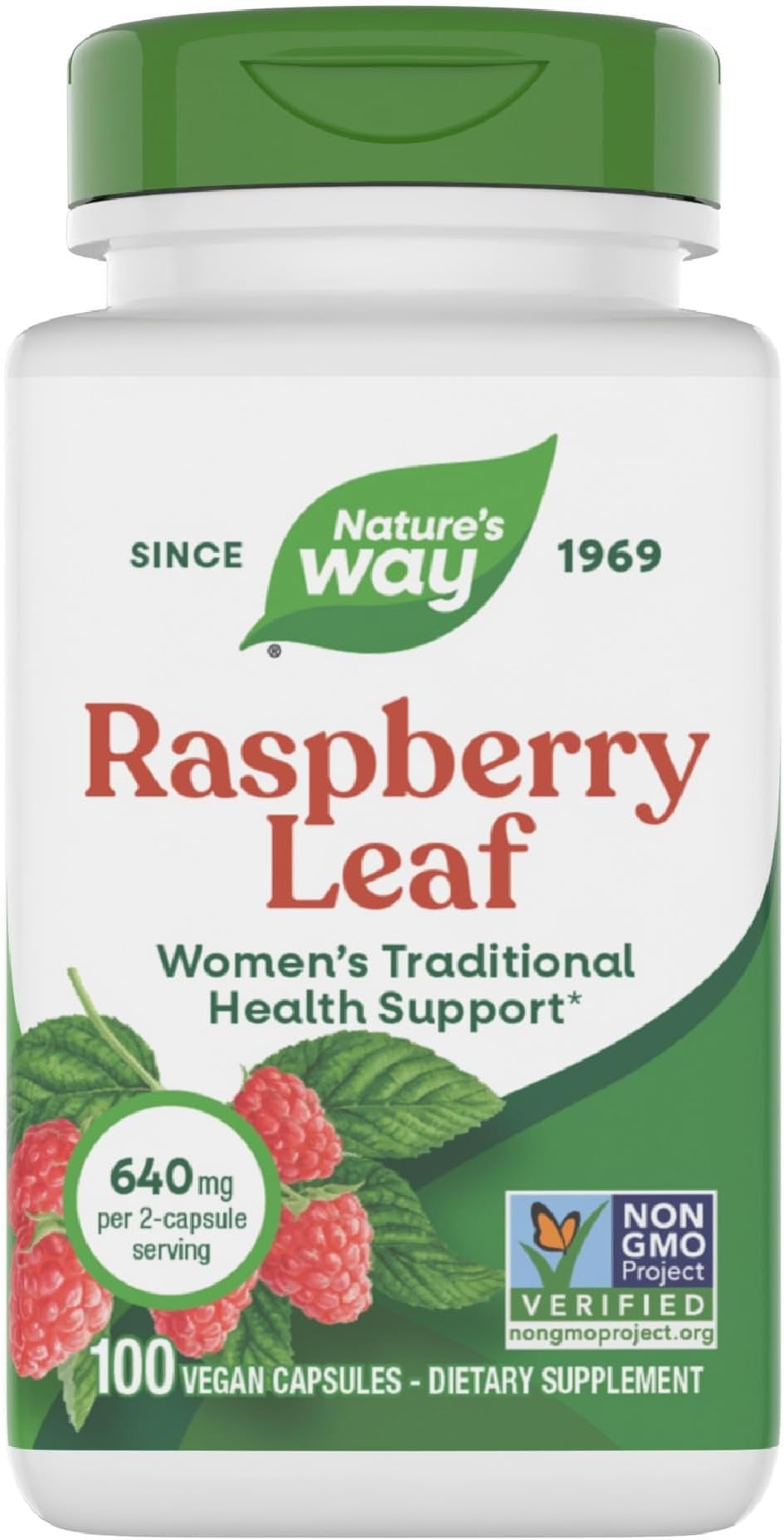 Raspberry Leaf, Traditional Support for Women's Health*, 640 mg per 2-Capsule Serving, Vegan, Non-GMO Project Verified, 100 Capsules (Packaging May Vary)