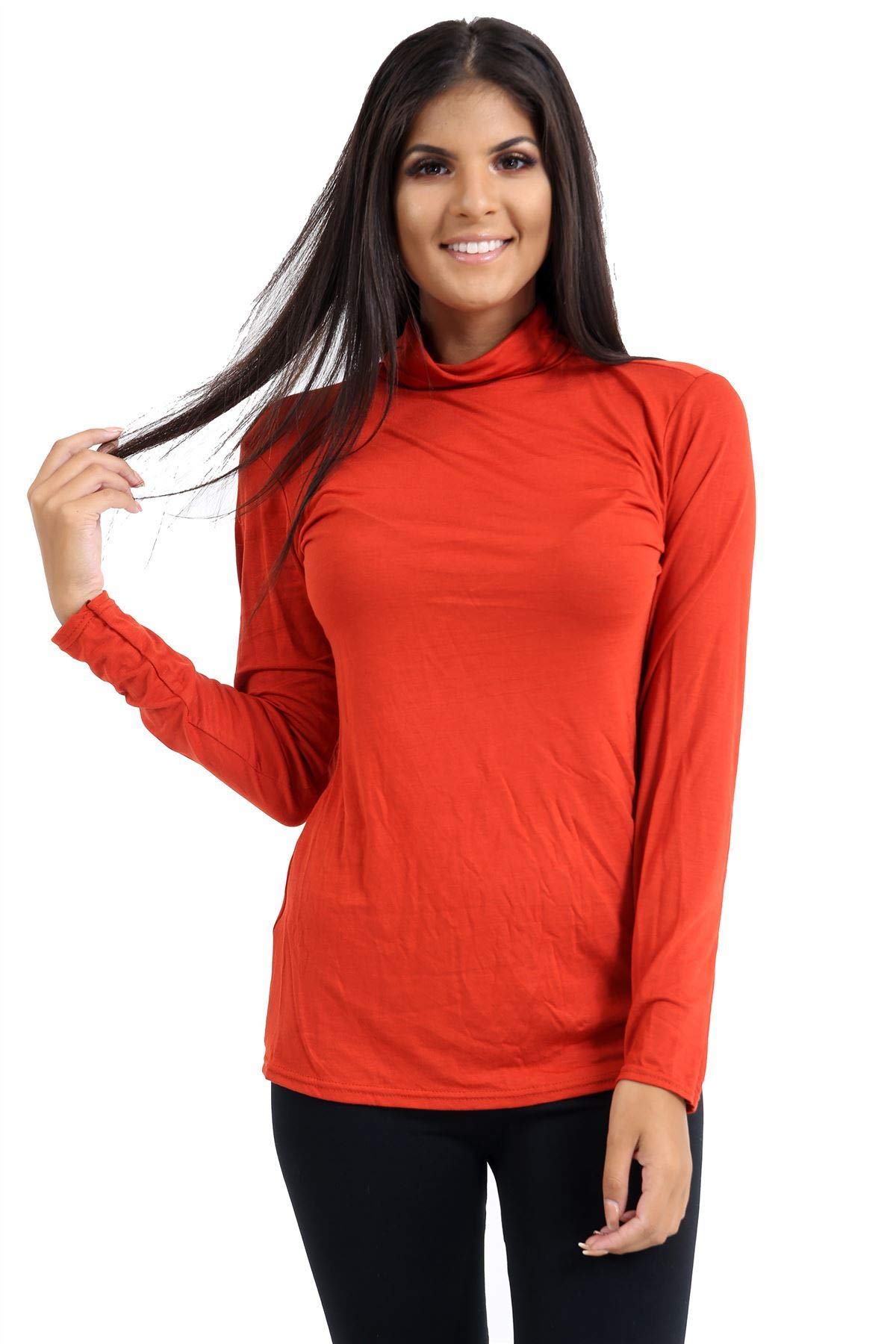 Janisramone Women's Rust Long Sleeve Turtle Polo Neck T-Shirt Slim Fit Jersey Casual Basic Plain Tee Vest Top