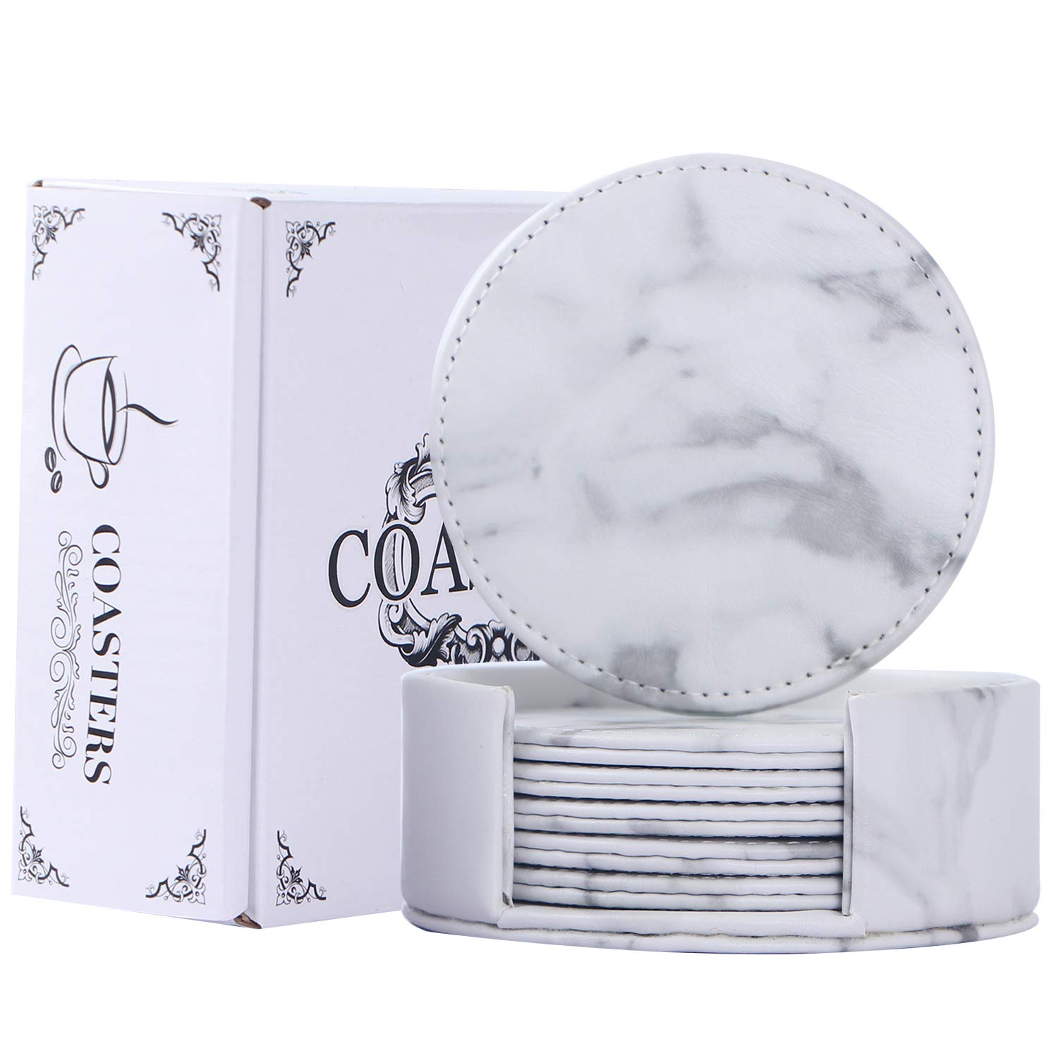 VEHHE PU Leather Coasters for Drinks, Marble Coasters with Holder, 6 Pack Round Cup Coasters Protect Furniture Away from Stain and Scratches, for Home or Bar Use, Housewarming Gift