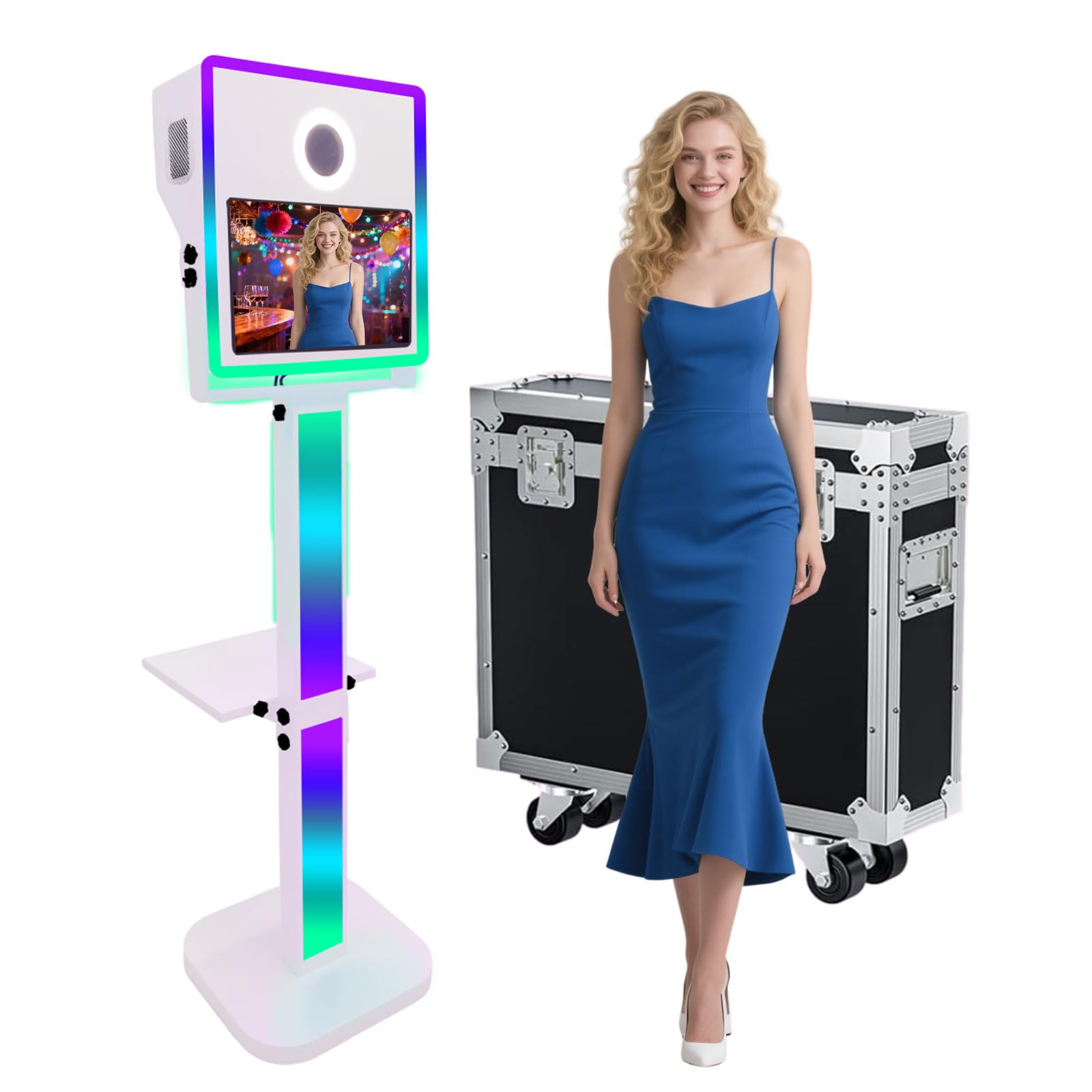Máquina de fotomatón DSLR de 15.6 pulgadas con pantalla táctil portátil con luz RGB para bodas, eventos, fiestas, cabina de fotos con funda de vuelo (blanco, máquina de fotomatón)