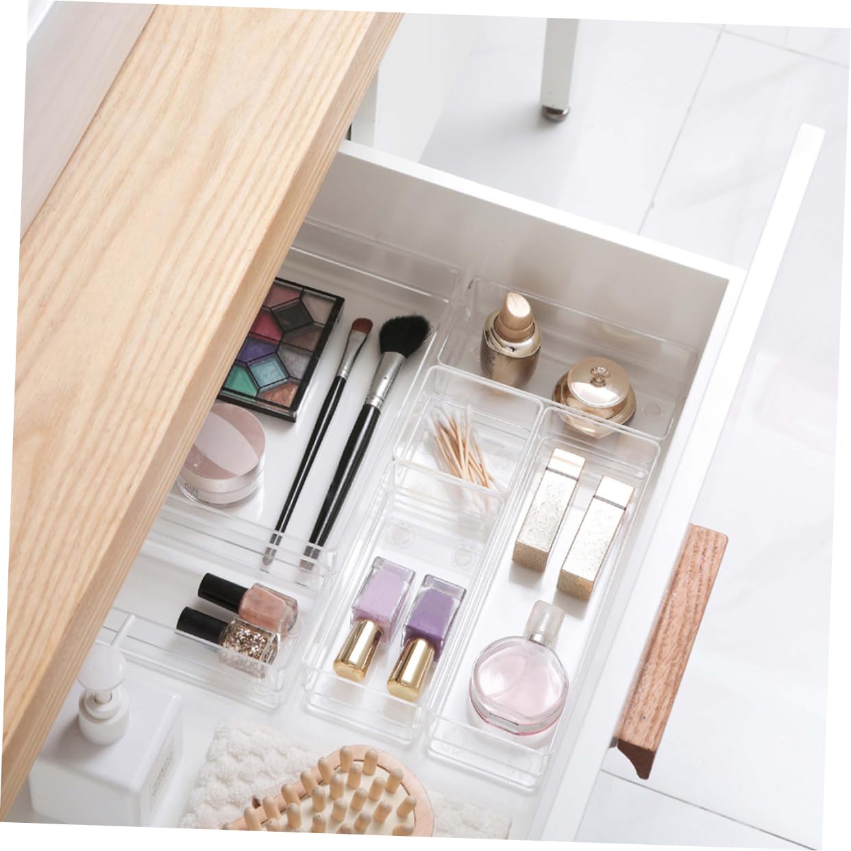 NUOBESTY Set 17 Pezzi di Organizer per Cassetti in Acrilico Trasparente, Divisori Modulari per Cosmetici e Scrivania, per Camera da Letto e Bagno