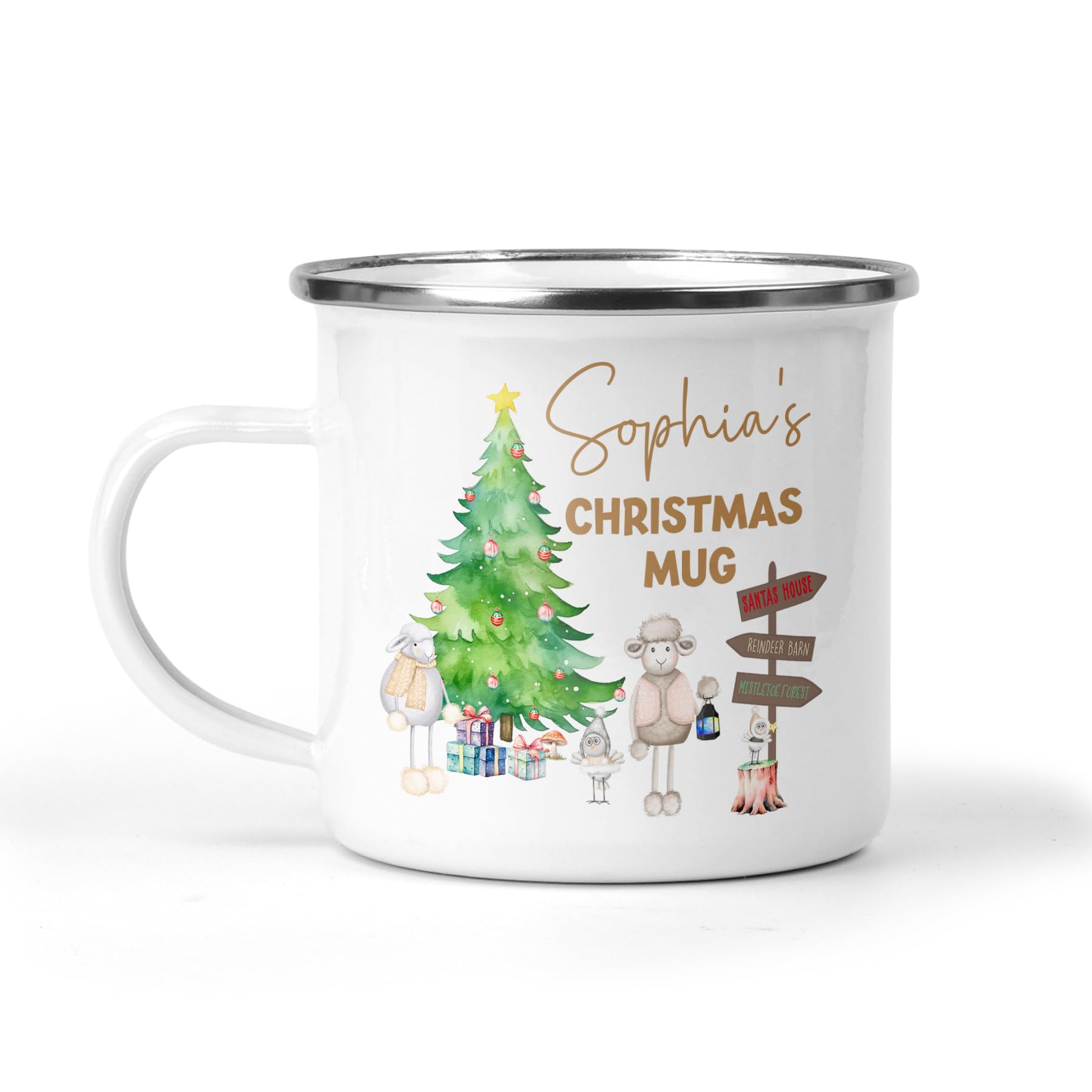 Custom Personalised Christmas Mug with Any Name - Available in Kids Enamel or Adult Ceramic - Elegant Festive Design - Hot Chocolate on Christmas Eve - Perfect for Christmas Eve Box (Kids (Enamel))