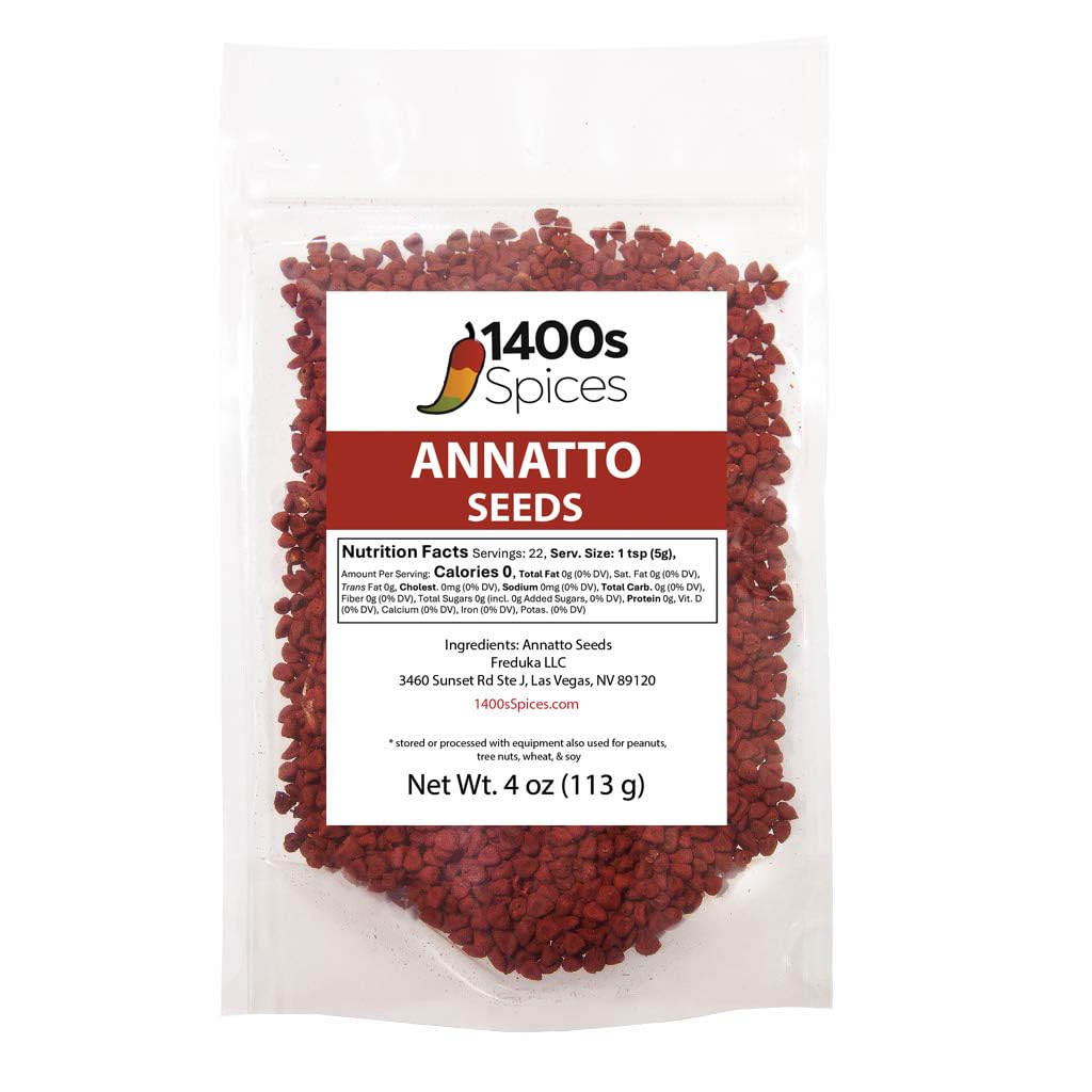 4oz Annatto Seeds (Semillas de Achiote/Bixa Orellana/Anato Entero). Heat-Sealed Resealable Bag by 1400s Spices