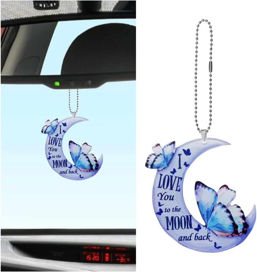 Butterfly Car Rearview Mirror Accessories - 2D Flat Car Rear View Mirror Charm - Lovely Moon Car Interior Mirror Hanging Pendant - Christmas Tree Ornament Car Decoration for Men Women (Blue)
