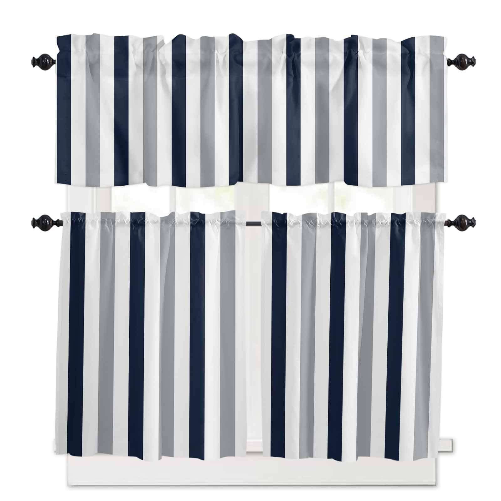 Navy Blue Gray Striped Kitchen Curtains 36 Inch Length, 3 Piece Rod Pocket Small Half Tiers and Valance Set, Farmhouse Stripe Art Small Large Window Treatment Decor for Bedroom/Bathroom Sink