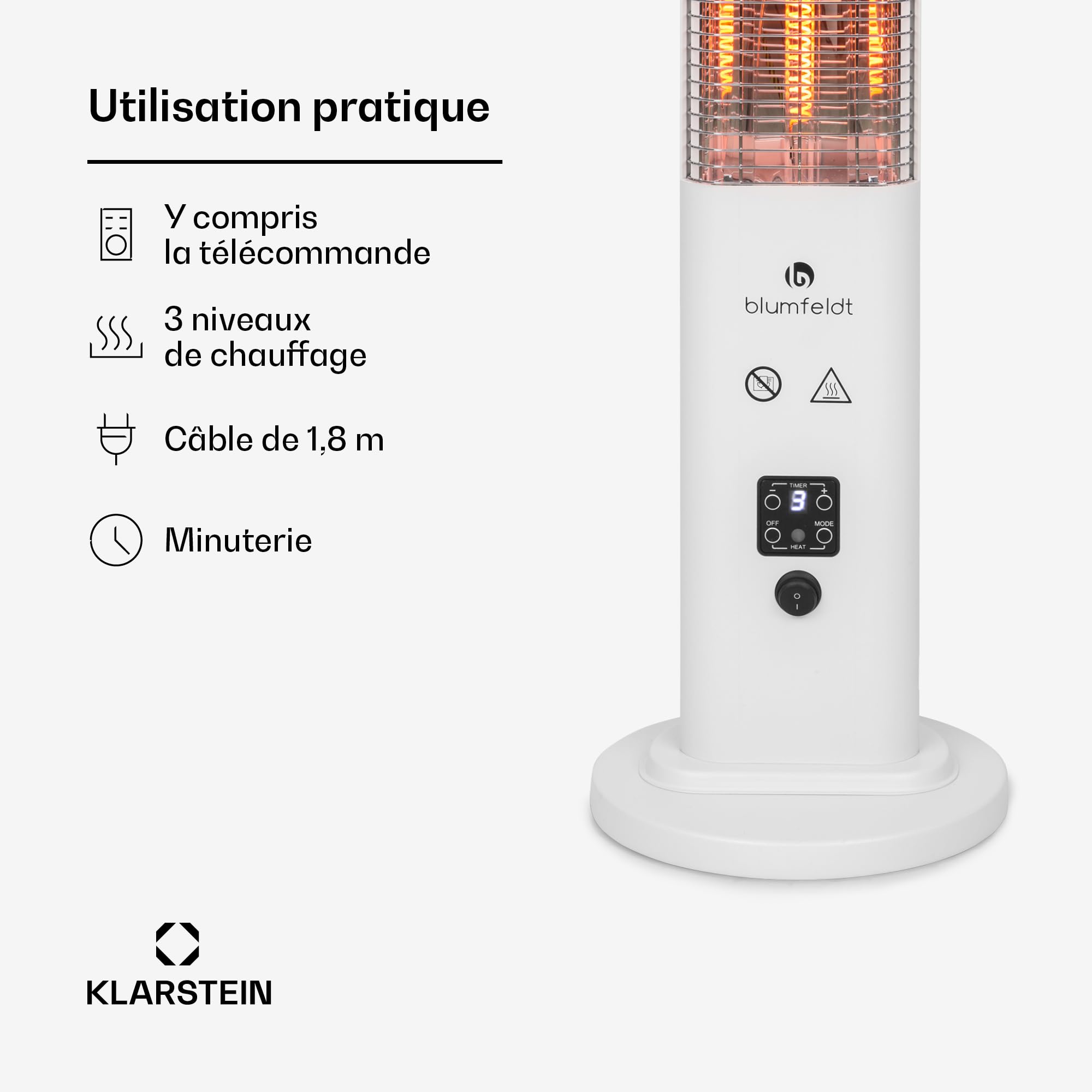 blumfeldt Heat Guru Plus - Radiateur infrarouge In & Out, chauffage d'appoint, 1200 W, minuterie 9 heures, élément chauffant en carbone, 3 niveaux, boîtier en alliage d'aluminium anodisé (Blanc)