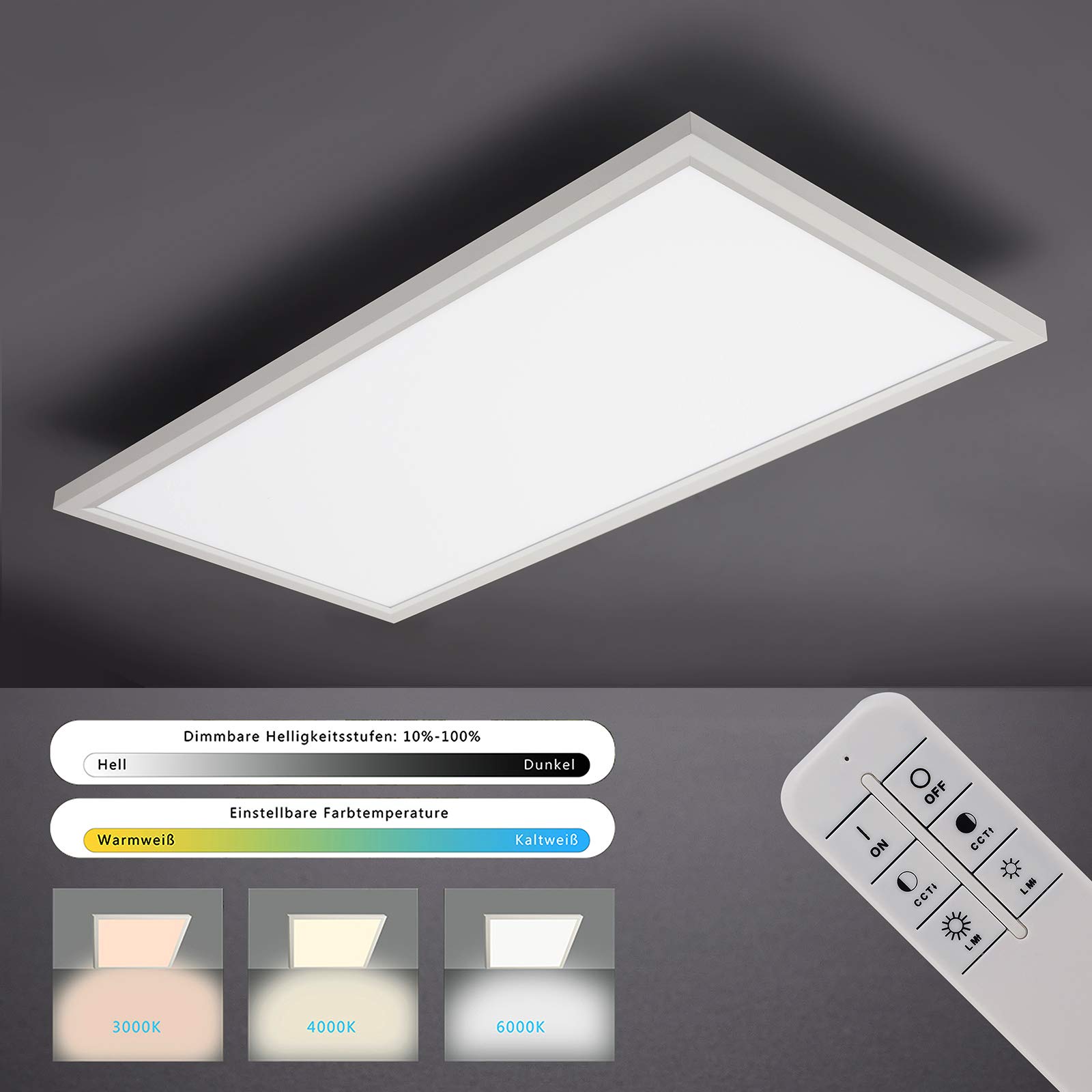IMPTS LED Panel Deckenleuchte Dimmbar, 30 x 60 cm Extra Flache Deckenpanel Leuchten Deckenlampe mit Fernbedienung Farbtemperatursteuerung einstellbar 3000K-6500K 25W 2600 Lumen Licht