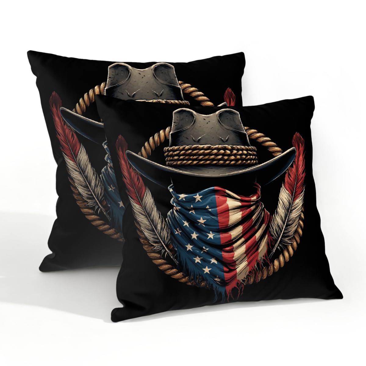 Outdoor Pillow Covers Waterproof Pillowcases 20x20in Set of 2 Western Cowboy Hat USA Flag Decorative Throw Cushion Case for Couch Sofa Garden Patio Furniture
