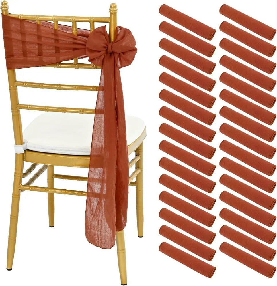 QIUMING 10/50Pcs Terracotta Chair Sashes for Wedding Chair Covers Cheesecloth Chair Bow Sashes Chair Ribbons for Party Ceremony 7x98In