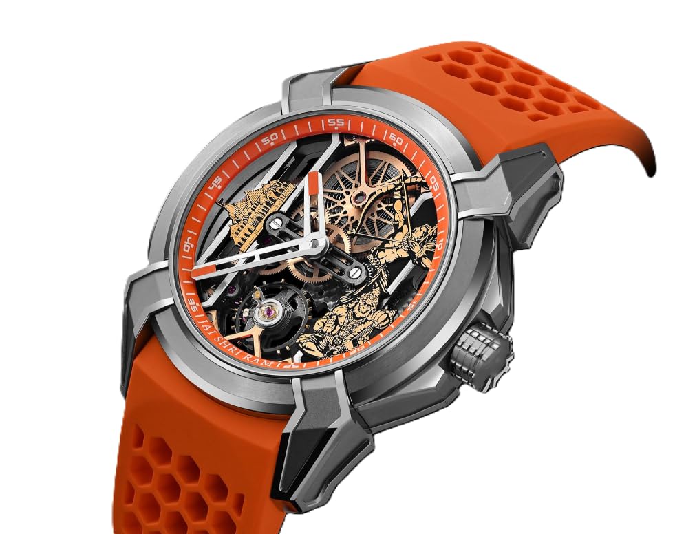 Image of Luxury full Automatic Shree Ram Edition Watch for Men Heavy Open Machine Design with Orange Straps, Shri Ram ji & Hanuman ji Artwork, Ayodhya Mandir Dial | Premium Wrist watch 41mm Bezel [5 Year warranty]