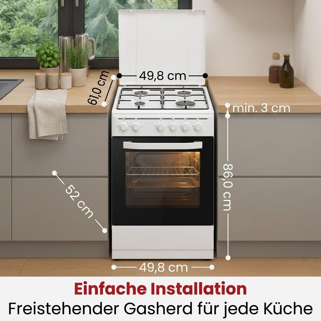 PKM GH4-50 EO AQ Stand-Gasherd 9050 Watt 50 cm 3 Backofenfunktionen Energieeffizienzklasse A