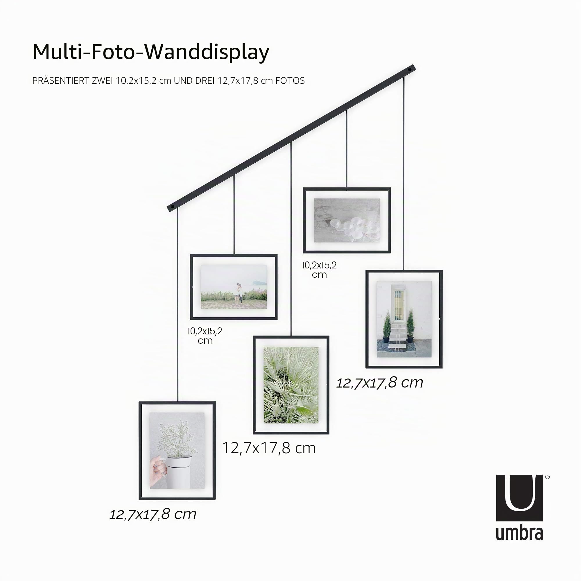 Umbra Exhibit Foto Collage Bilderrahmen – Flexibles Bilderrahmen-Set zur Horizontalen und Diagonalen Anbringung, für 5 Photos, Kunstdrucke, Bilder, 10 x 15 und 13 x 18 cm, Schwarz, 5 Rahmen