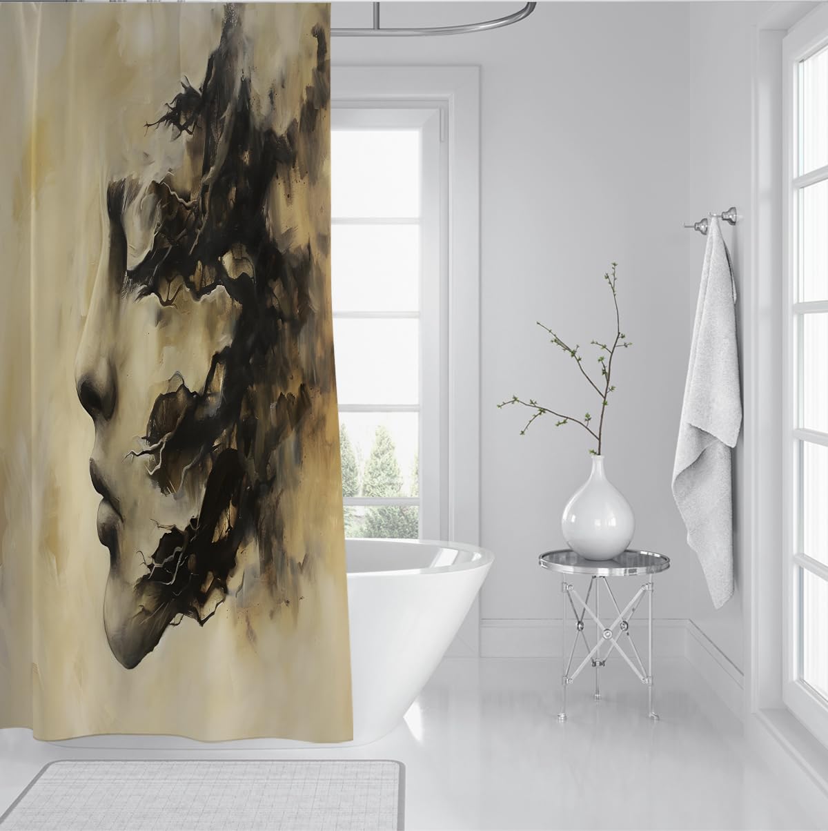 Abstraktes Gesicht Tinte Vintage-Duschvorhang 200 x 240 cm | Dunkler Aquarell-Badevorhang, wasserdichtes Polyester, Badezimmerdeko mit Kunststoffhaken