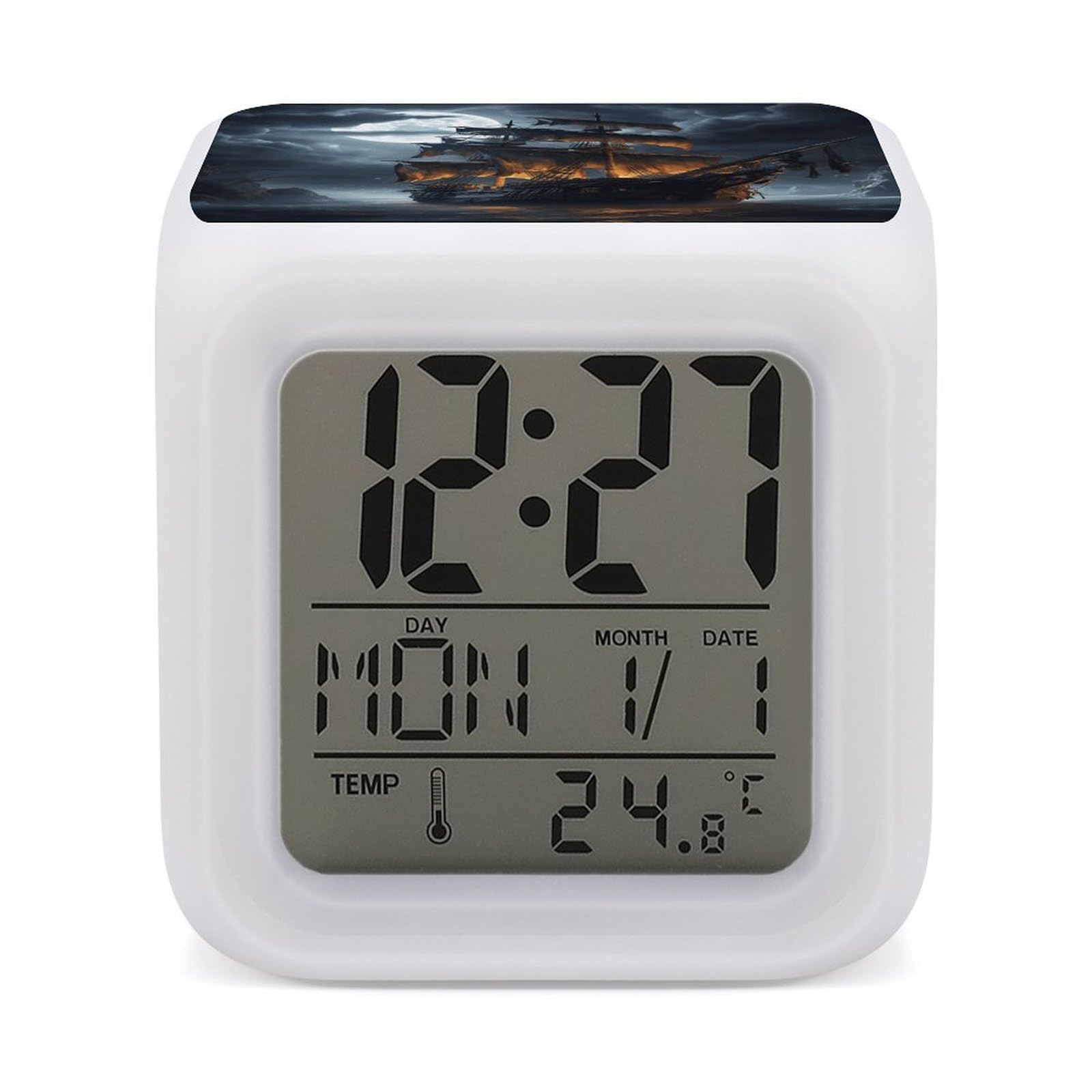 VstaDank Pirate Sailboat Full Moon Alarm Clock Alarm Clock with 7 Color Changing Digital Clocks for Bedrooms Sleep Training Clocks with Large Display for Office Kitchen Living Room