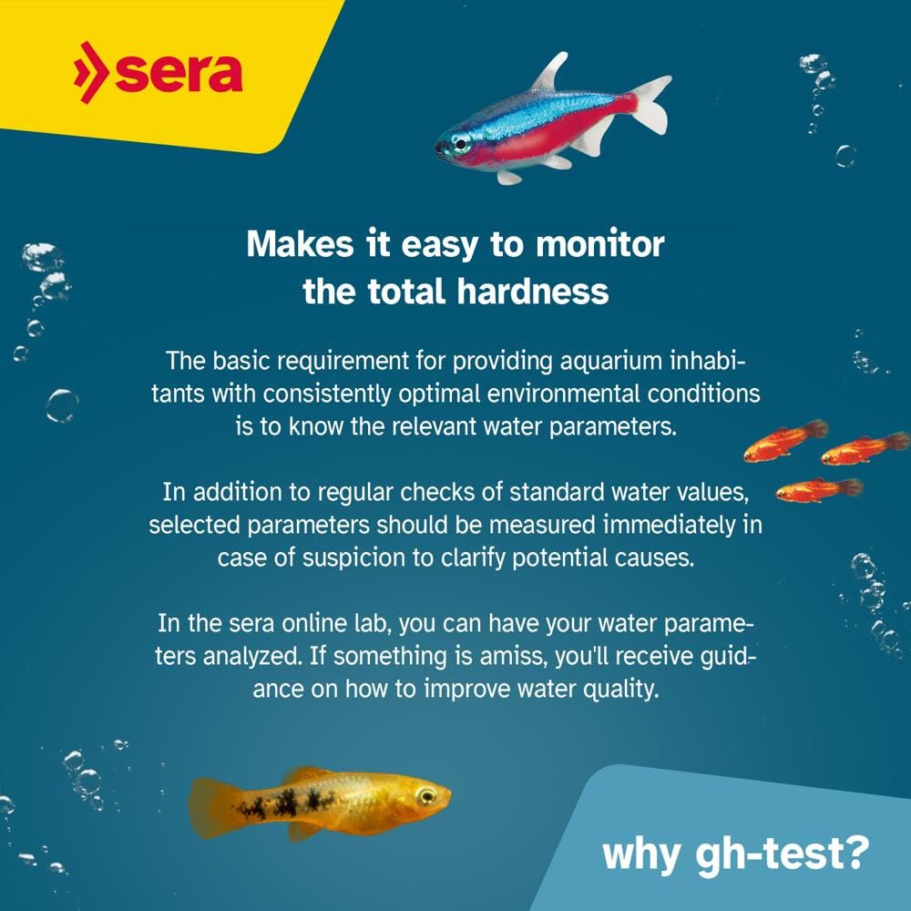 Sera GH Test 15ml | per aquario e laghetto | Misura Durezza Totale (Calcio & Magnesio) | Kit Analisi Acqua con Cuvetta, Siringa, Scheda di Valutazione | Precisione Fino a 420 °DGH per Pesci