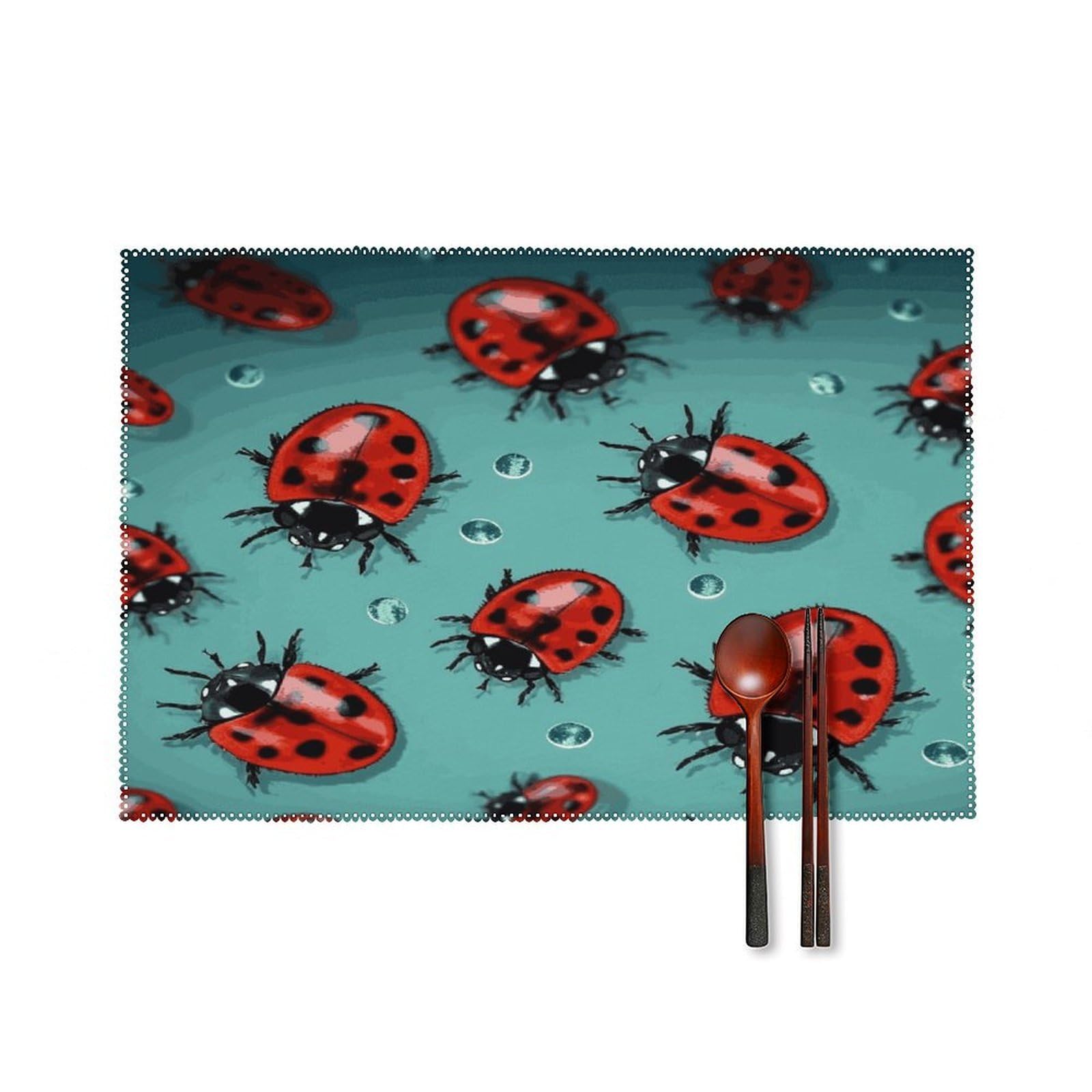 Red Ladybugs On A Blue Background Placemat Set of 6,Thickened Non-Slip Place Mats Heat Resistant Reversible Table Mats Resistant Washable Place Mat for Kitchen Dining Table Decoration Indoor