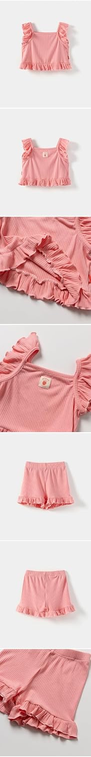 Ozkiz Girls Korean Summer Outfit Set - Ribbed Frill Top & Shorts Two Piece Playwear for Toddlers & Kids, Ages 3-8, Rayon B...