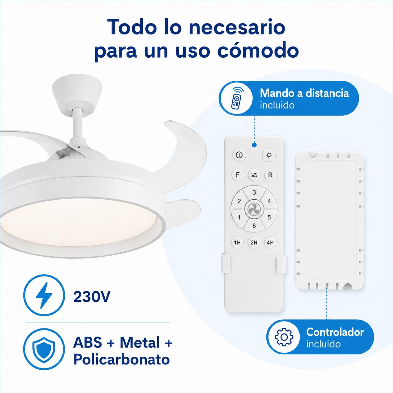 Ventilador de Techo con Luz LED 40W+40W Motor DC, 5900lm, Ultra Silencio 4 Aspas retráctiles, Mando a Distancia, 6 Velocidades, Temporizador 1/2/4H,3 Tonos 3500K/4000K/6500K, Función Verano/Invierno