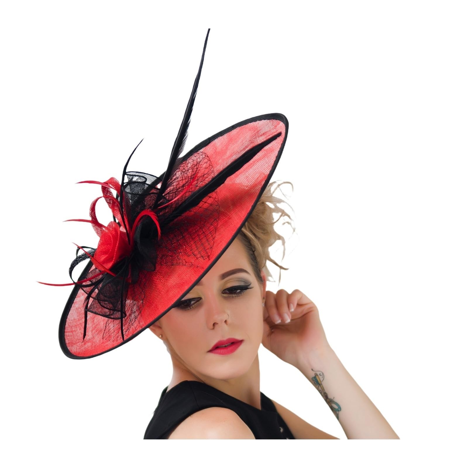Fascinator Cerimonia Donna Fascinator da donna, cappello modista, for feste, matrimoni, copricapo a tesa larga, accessori for capelli chiesa(Red)