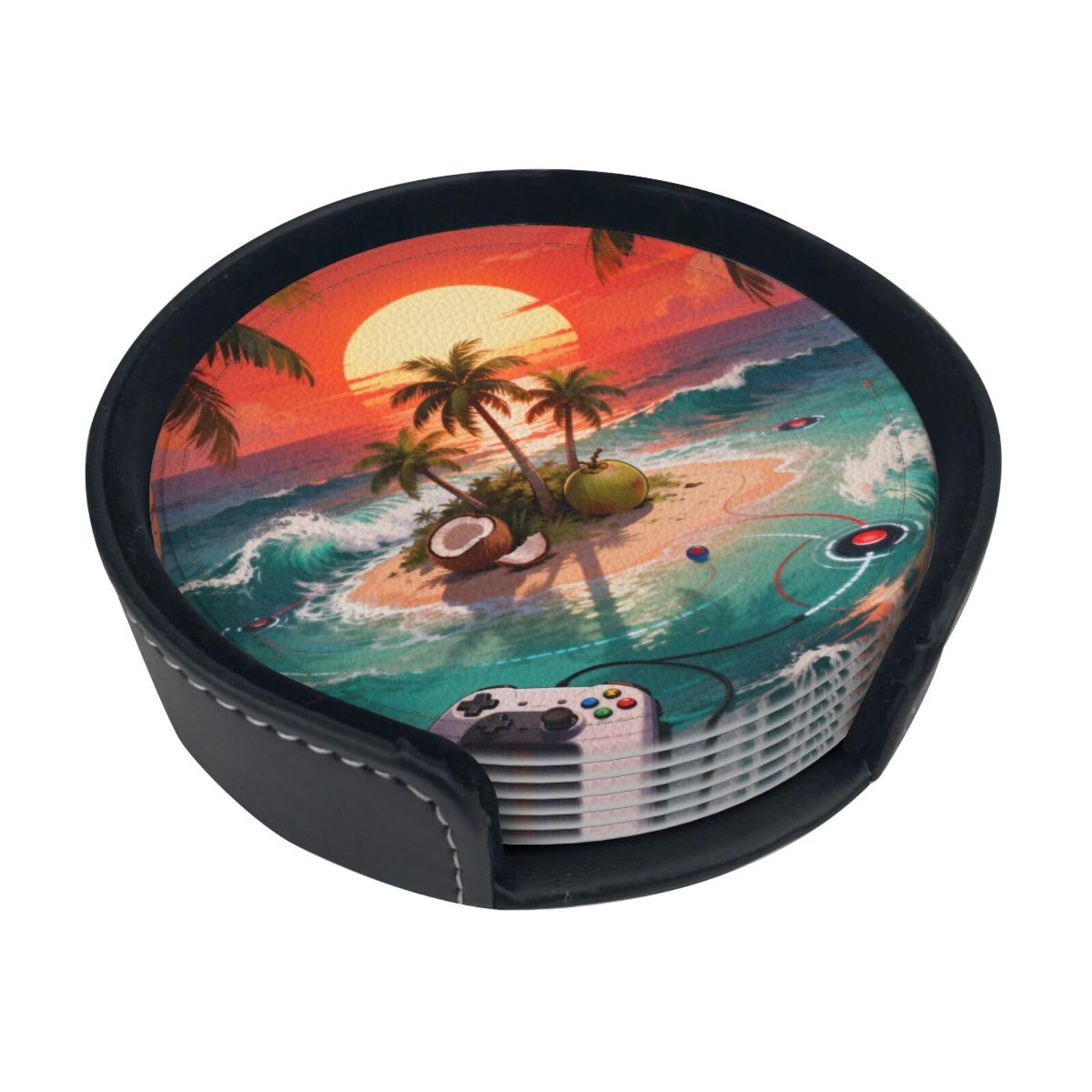 Beach games Leather Coasters-Set of 6 with Storage Holder
