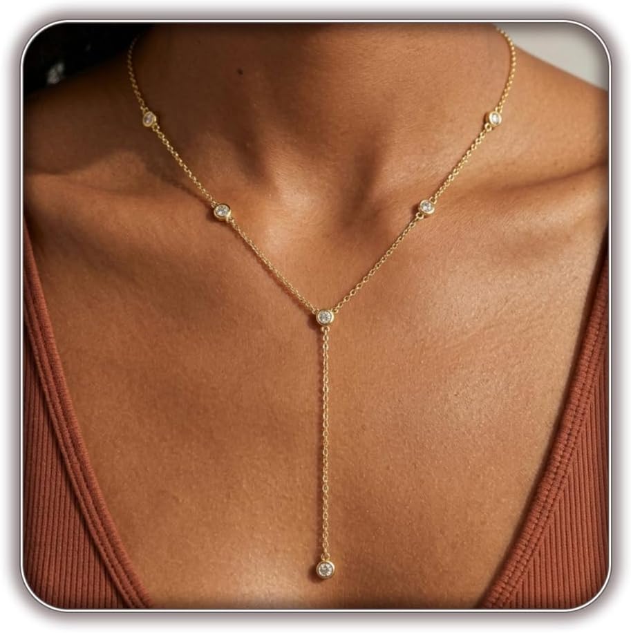 Lariat Gold Necklace for Women, 14K Gold Plated Dainty Drop Y Necklace, Waterproof Non Tarnish Long Layered Beaded Chain Lariat Necklace Prom Jewelry Summer Vacation Gift for Her