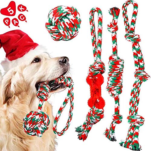 HETOO Christmas Dog Toys, Indestructible Dog Rope Chew Toy Set, Tough for Puppy Small Medium Aggressive Chewers Dogs Training Playing Teething Cleaning, 5 Pack