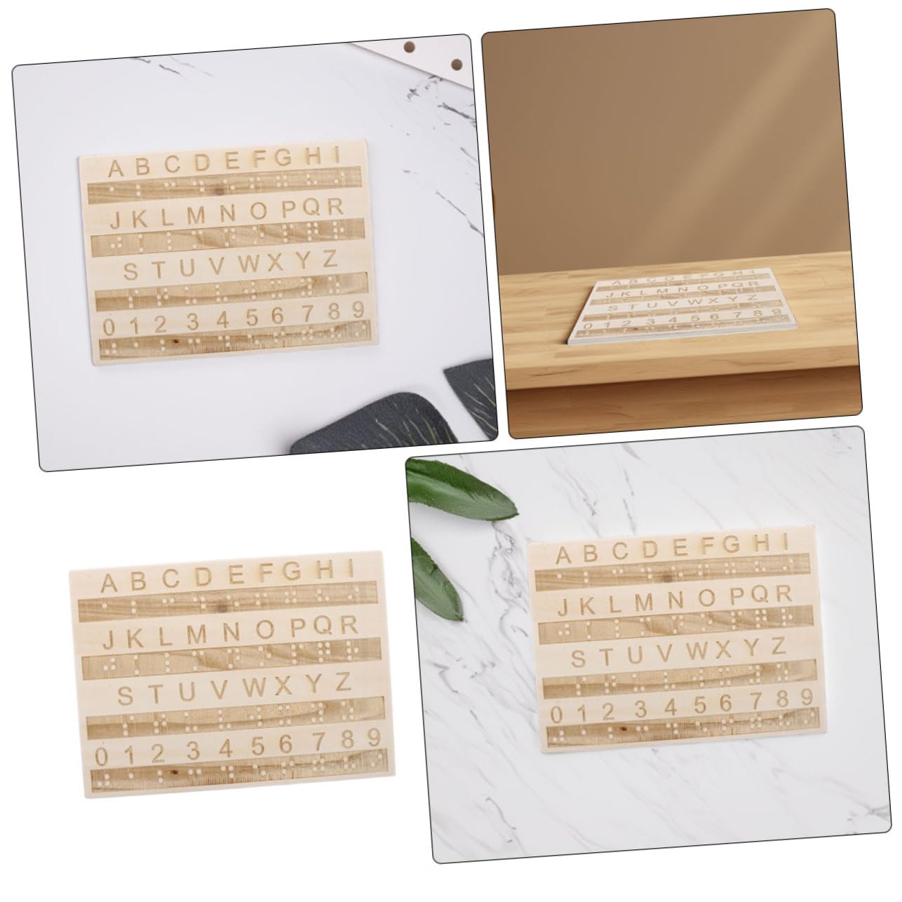 ERINGOGO Tablero de Letras y Números en Braille de Madera, 3 Piezas, Herramienta Táctil Ligera para Aprender Braille y Enseñanza a Niños Ciegos Color Aleatorio