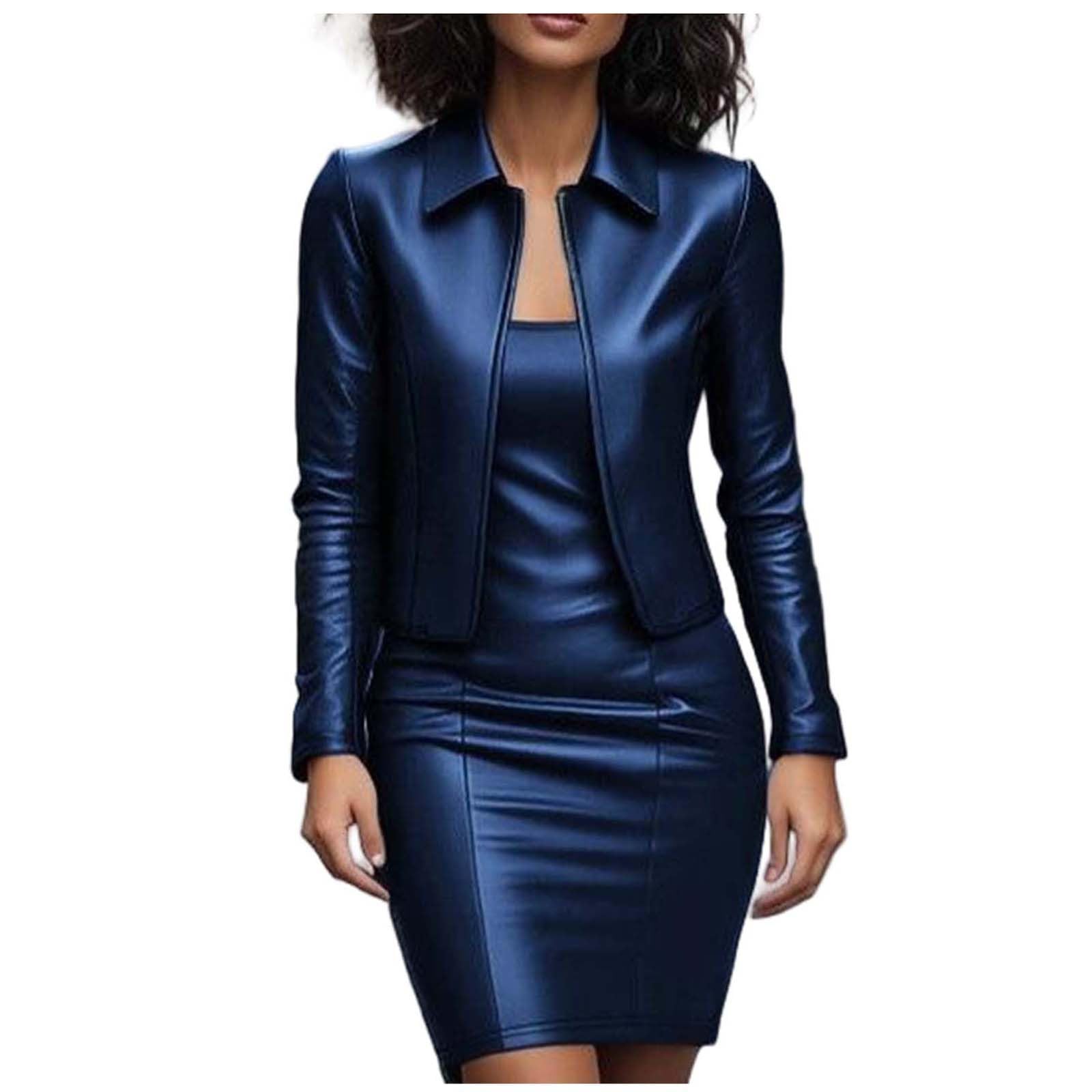 Women Formal Business Dress Set Two Piece Faux Leather Blazer Jackets with Bodycon Mini Dress Work Matching Outfits