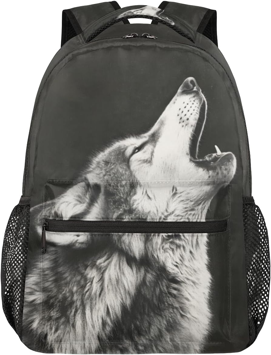 Pardick Howling Moon Wolf Backpacks for Boys Girls Kids Grey Wolf Lightweight 16 Inch School Backpack Laptop College Bookbag Travel Casual Daypack Hiking Camping Computer Rucksack Medium