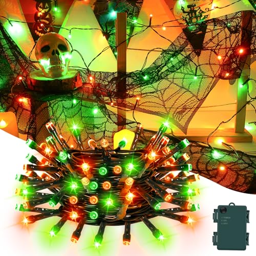 Gcstnn Halloween Deko Lichterkette, 5M 50er LED Orange Grün Innen Außen Lichterketten mit Timer, IP65 Wasserdicht Lichterkette Batterie für Halloween Party Dekoration, Herbst, Veranda, Fenster