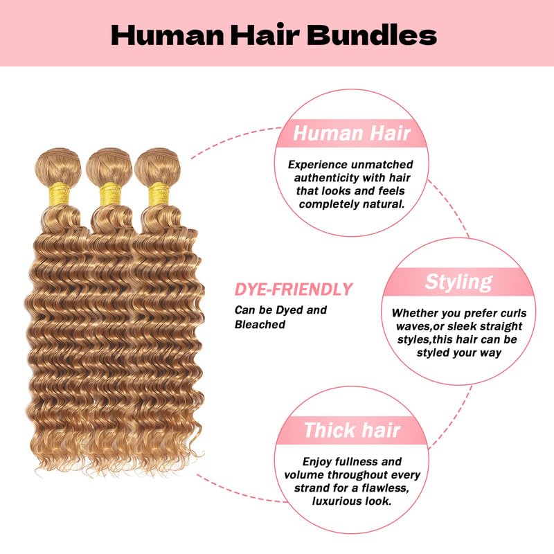 Honey Blonde Bundles Human Hair Loose Deep Wave 20 22 242 Inch Brazilian Virgin Remy Hair Honey Blonde Bundle Hair Weave Extensions For Black Women Color 27