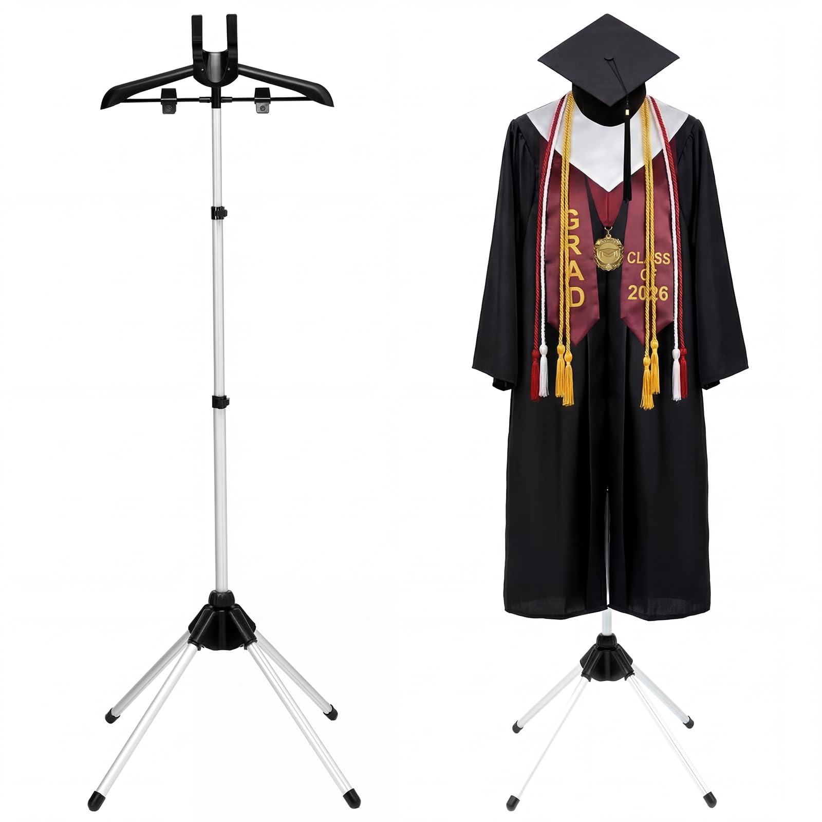 Photo 1 of [Used] Bucherry Graduation Gown Display Stand Adjustable Garment Hanger for T Shirt Portable Hanging Metal Clothes Stand for Cap Clothing Jacket Coat Shirt Display (Rack,Silver and Black,32"-63")