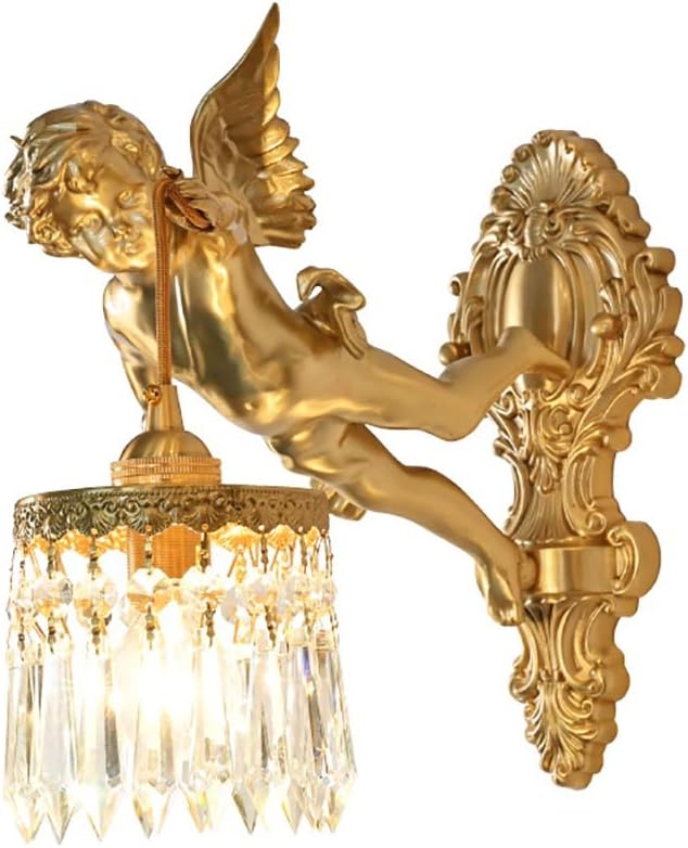 QHYXT Wandlamp Wandkandelaar Lamp Koperen Engel Wandlamp Retro Wandlamp Slaapkamer Bedlampje Romantische Verlichting Glazen Lampenkap Decoratieve Verlichting (A Rechts)