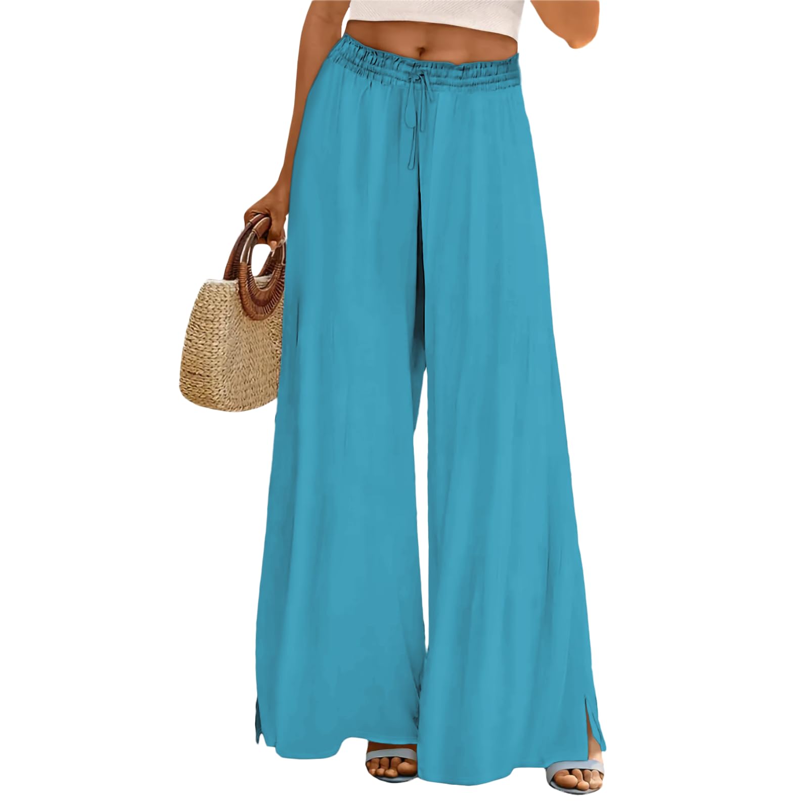 Womens Fashion Pants Palazzo Summer Casual Flowy Straight Leg Solid Color High Waisted Wide Leg with Pockets