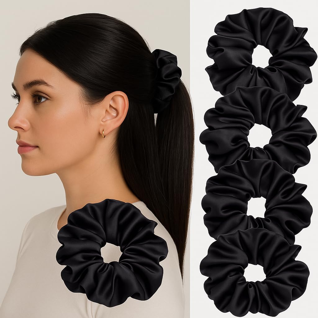 Frescorr Luxury | Pack of 5 | Satin Hair Scrunchies | Black | For Women & Girls |