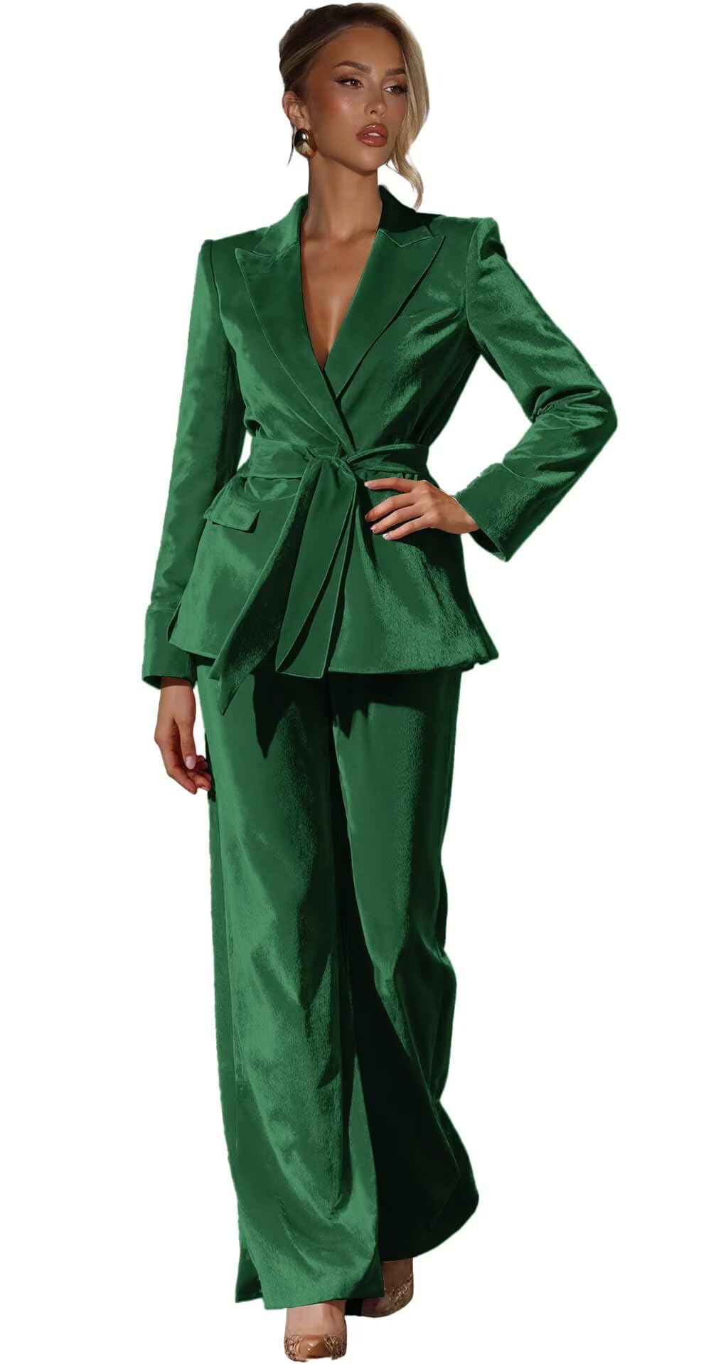 Velvet Suits for Women 2 Piece Business Casual Womens Suit with Belt Winter V Neck Jacket Wide Leg