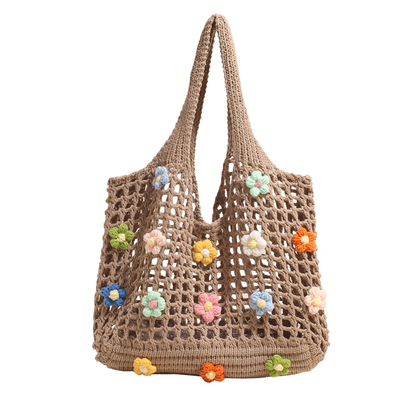 Women Knitted Tote Handbag Hollow Out Flower Knitting Shopping Handbag Large Capacity Crochet Bag Ladies Daily Handbag