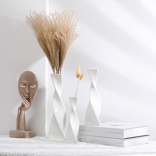 Ceramic Vases for Home Decor, White Twist Modern Decor Vases for Centerpieces, Flower Decorative Vase, Pampas Grass Vase, 3Pcs Minimalist Nordic Boho Ins Style for Wedding Table Party Living Room