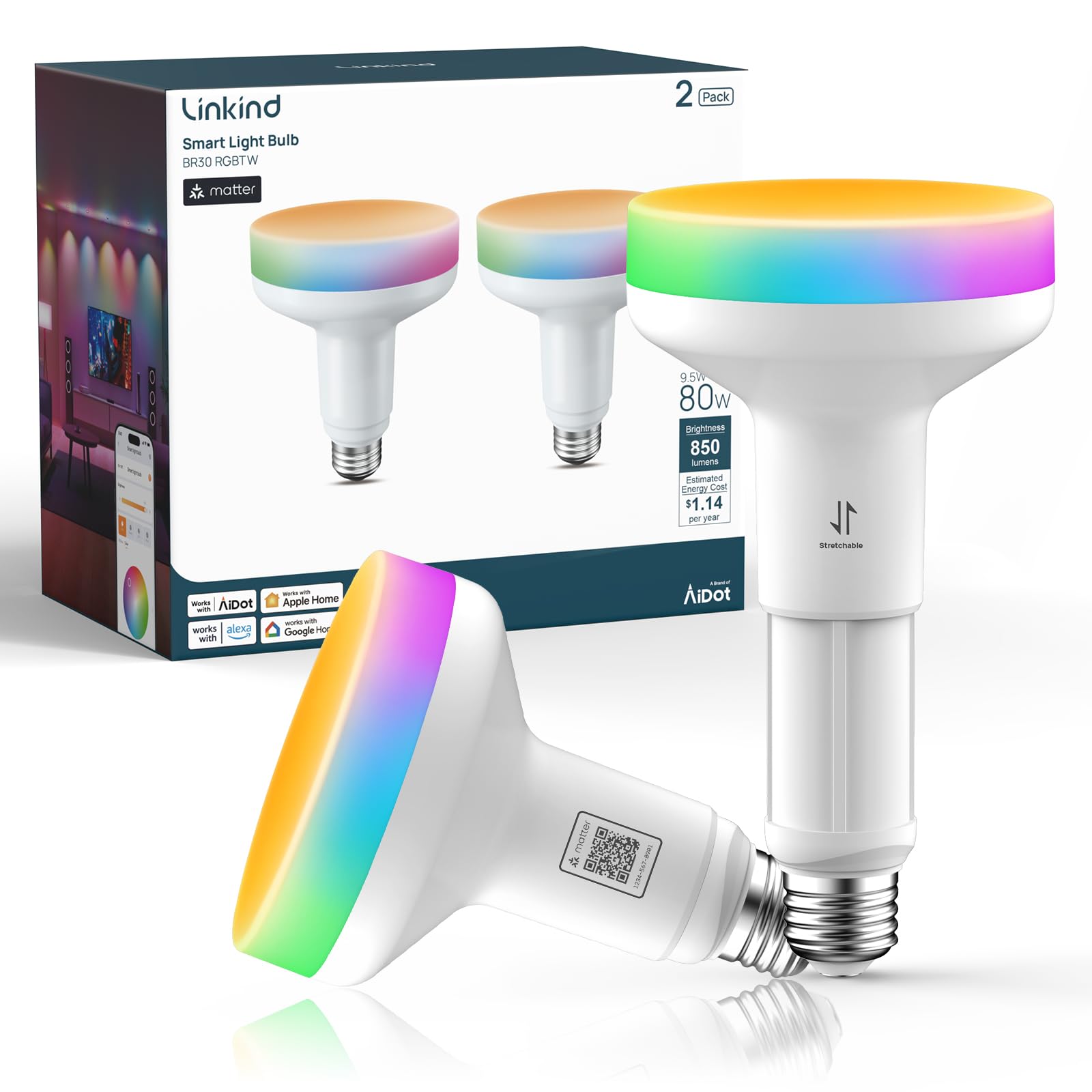 Linkind Matter BR30 Smart Light Bulbs with Stretchable Design & 4-Zone Aurascape Color, 850LM Recessed Smart Flood Light Bulb, Works with Alexa/Apple Home/Google Home, Music Sync Light Show, 2 Pack