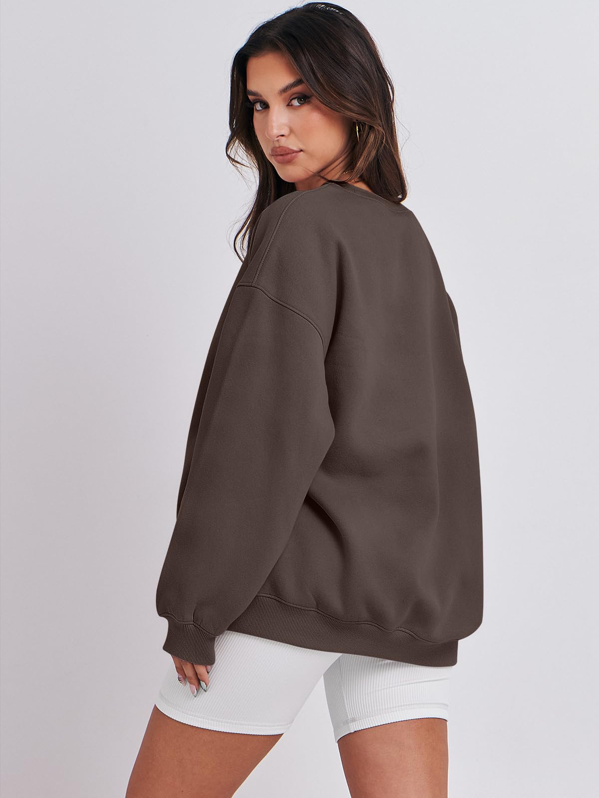 Damskie bluzy oversize bluzy z kapturem polar okrągły dekolt sweter top codzienne jesienne stroje preppy ubrania nastolatki 2024 A1019 światło, Jeden kolor, Dark Brown_S